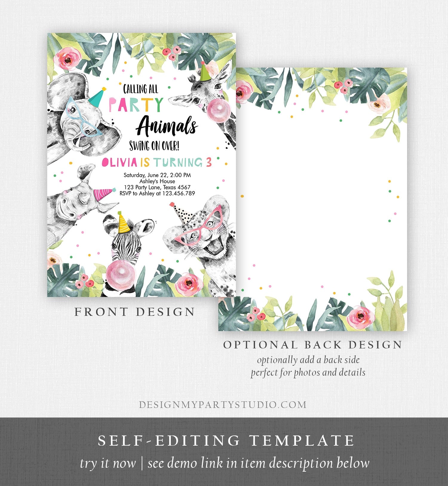 Editable Party Animals Birthday Invitation Wild One Animals Invitation Zoo Safari Animals Girl Download Printable Invite Template Corjl 0322