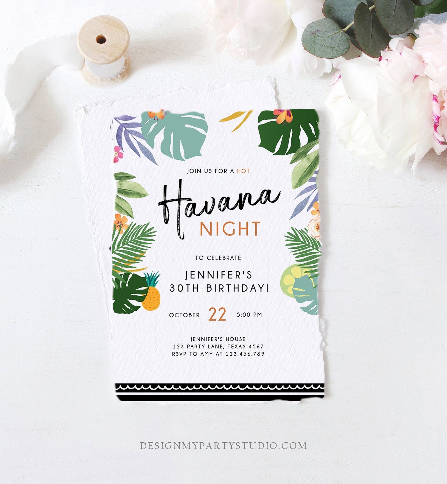 Editable Havana Nights Invitation Night in Havana Birthday Vintage Tropical Beach Digital Download Evite Template Printable 0287