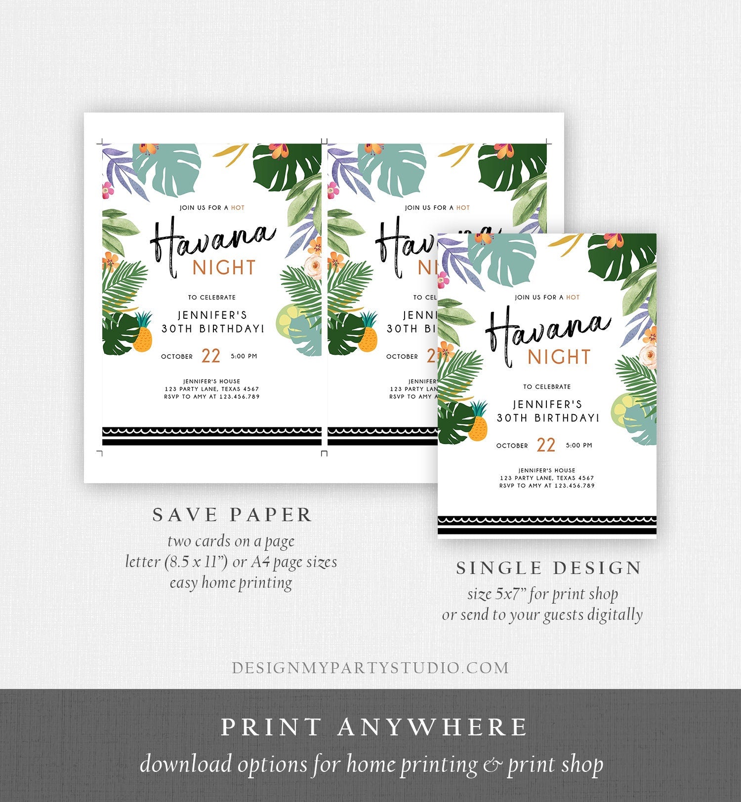 Editable Havana Nights Invitation Night in Havana Birthday Vintage Tropical Beach Digital Download Evite Template Printable 0287