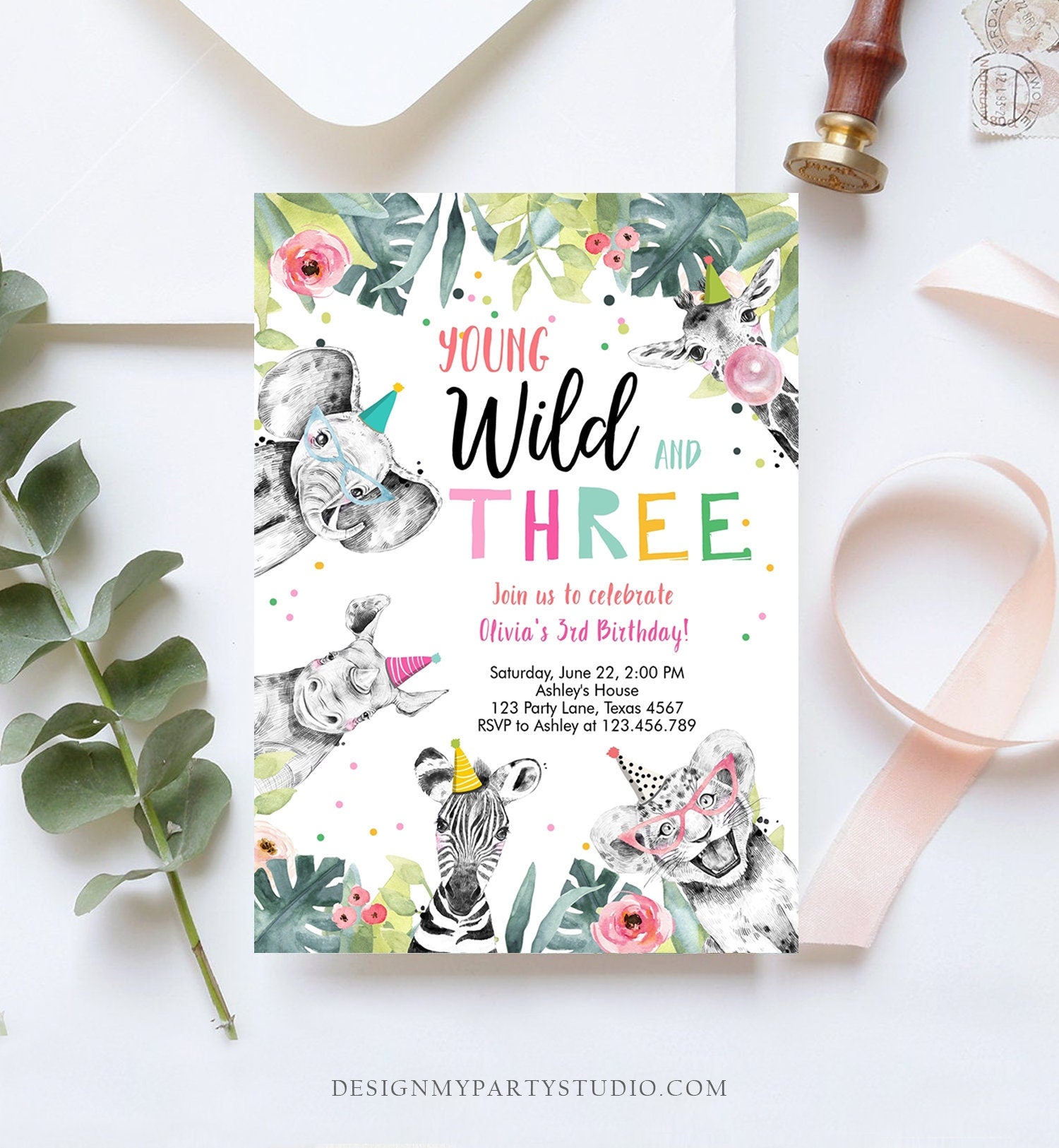 Editable Young Wild and Three Invitation Girl Pink and Gold Safari Animals Zoo Instant Download Printable Template Digital Corjl 0322