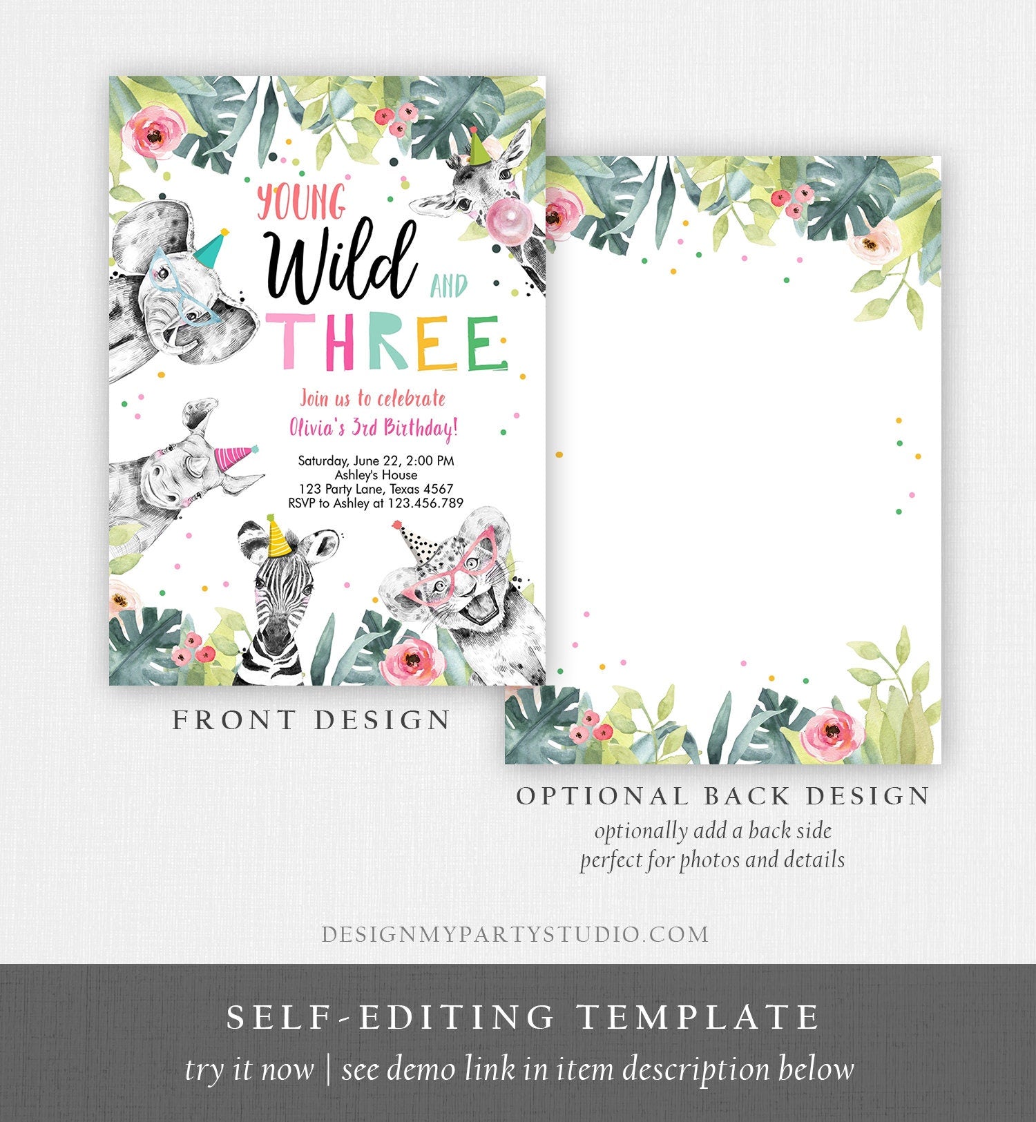 Editable Young Wild and Three Invitation Girl Pink and Gold Safari Animals Zoo Instant Download Printable Template Digital Corjl 0322