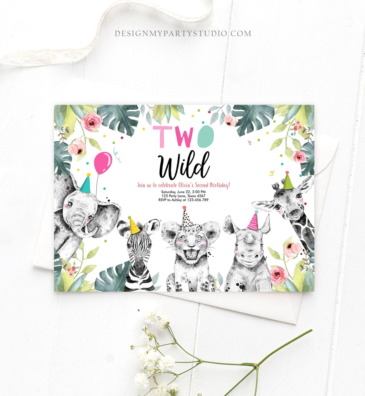 Editable Birthday Invitation Girl Two Wild Animals Invite Pink and Gold Safari Zoo Instant Download Printable Template Digital Corjl 0322