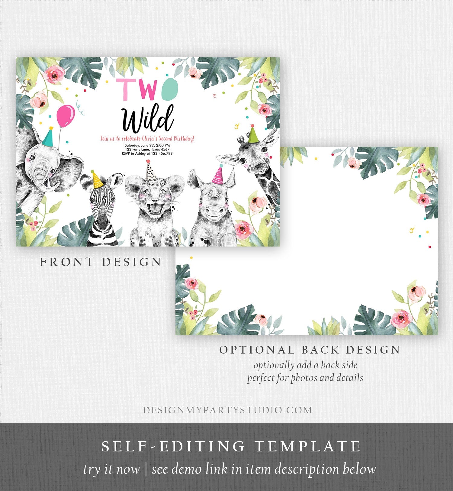 Editable Birthday Invitation Girl Two Wild Animals Invite Pink and Gold Safari Zoo Instant Download Printable Template Digital Corjl 0322