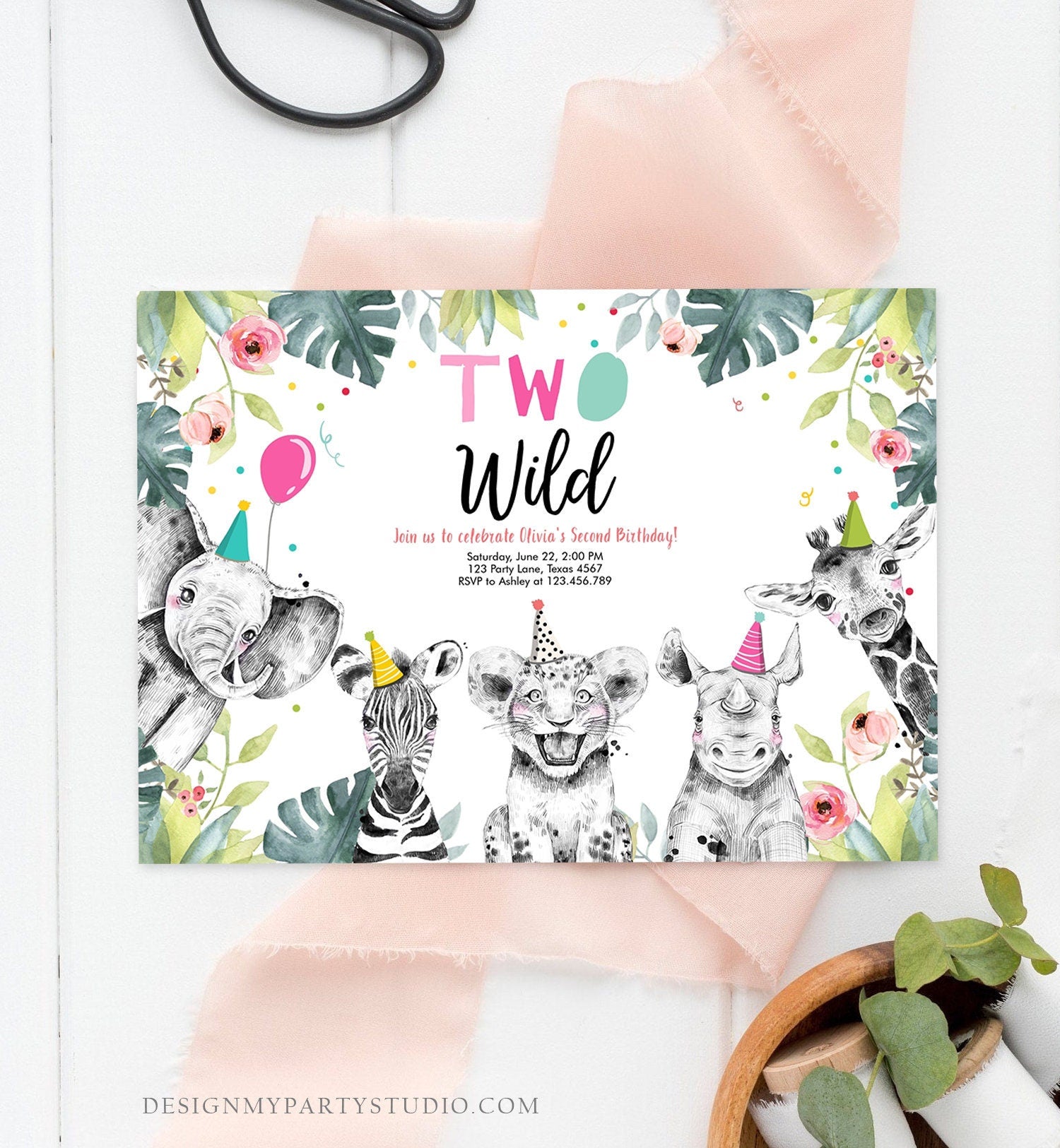 Editable Birthday Invitation Girl Two Wild Animals Invite Pink and Gold Safari Zoo Instant Download Printable Template Digital Corjl 0322