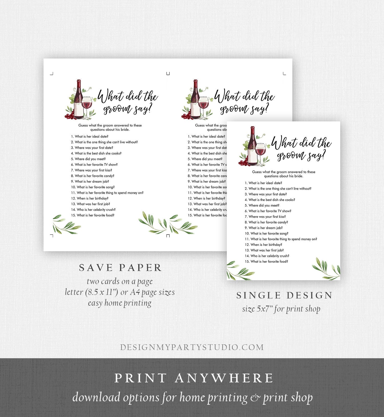 Editable What Did The Groom Say About His Bride Game Bridal Shower Game Wine Tasting Vineyard Grapes Wedding Digital Template Printable 0234