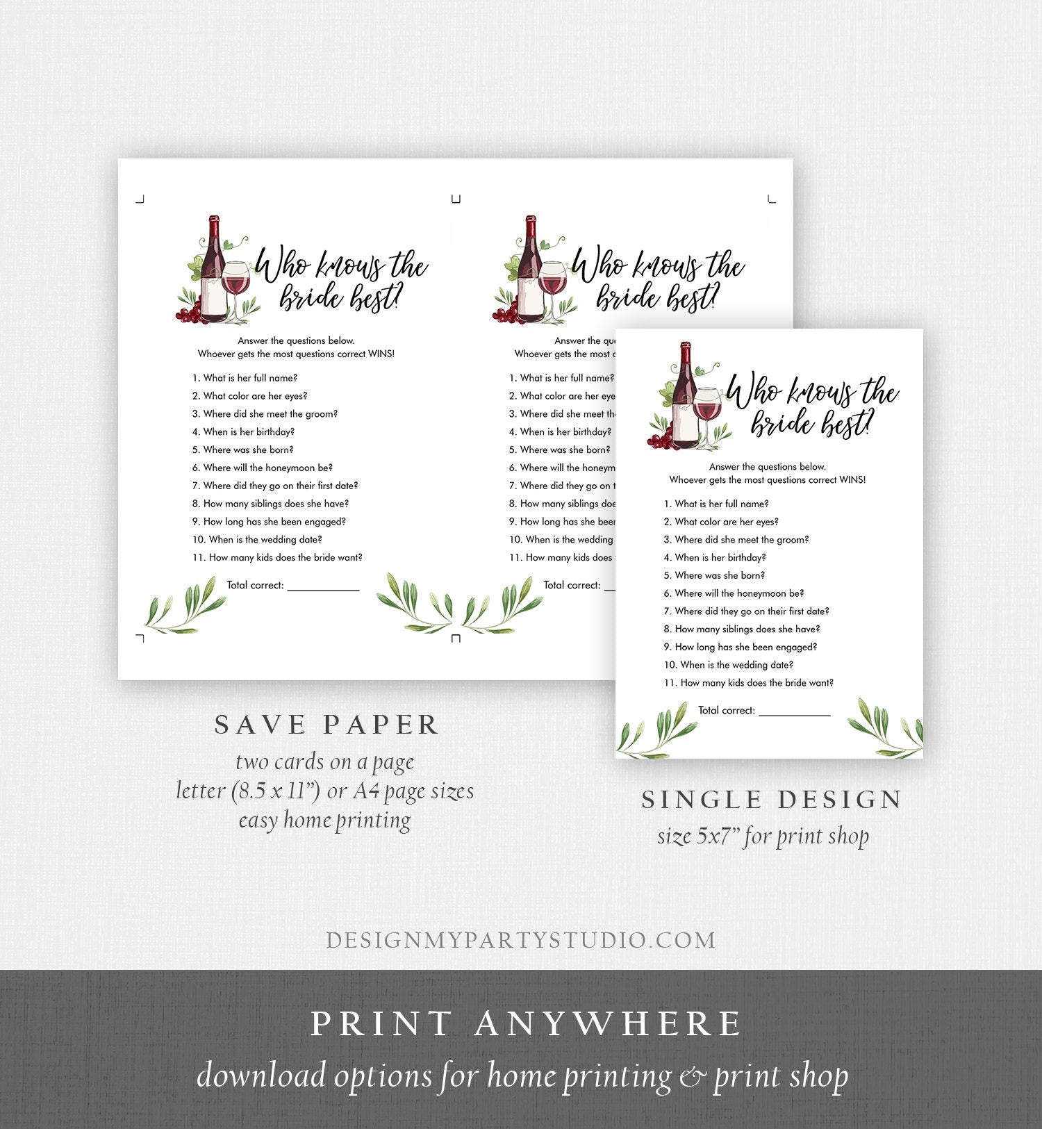 Editable Who Knows the Bride Best Bridal Shower Game Wine Tasting Vineyard Grapes Wedding Shower Activity Corjl Template Printable 0234