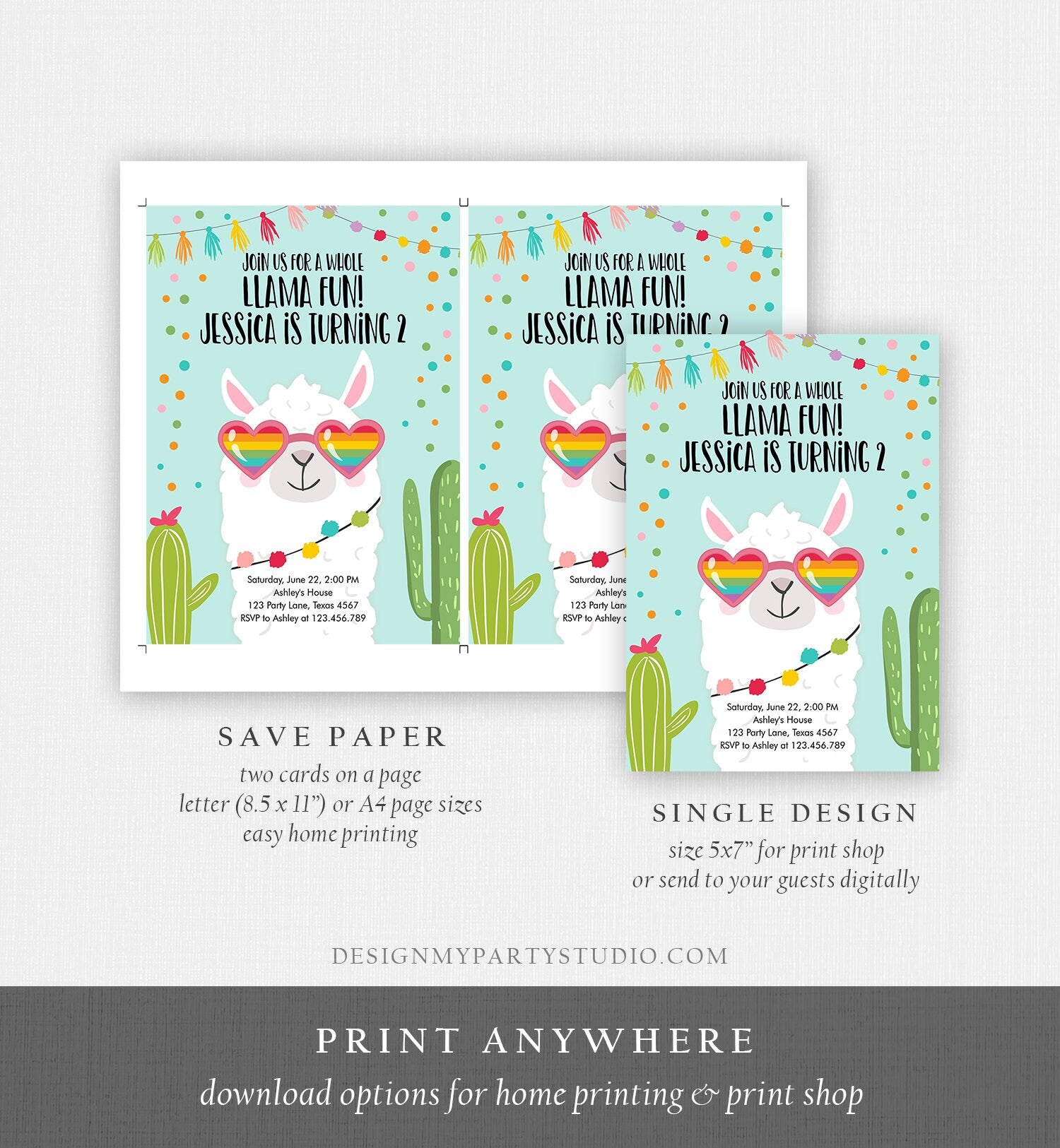 Editable Whole Llama Fun Birthday Invitation Llama Fiesta Cactus Sunglasses Girl Blue Alpaca Instant Download Printable Template Corjl 0079