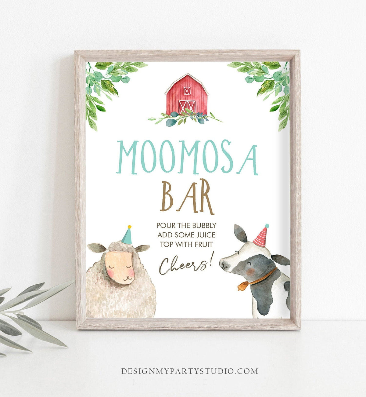 Moomosa Bar Farm Birthday Party Sign Mimosa Bar Sign Table Decor Barnyard Party Farm Animals Boy Blue Baby Shower Cow Sheep PRINTABLE 0155