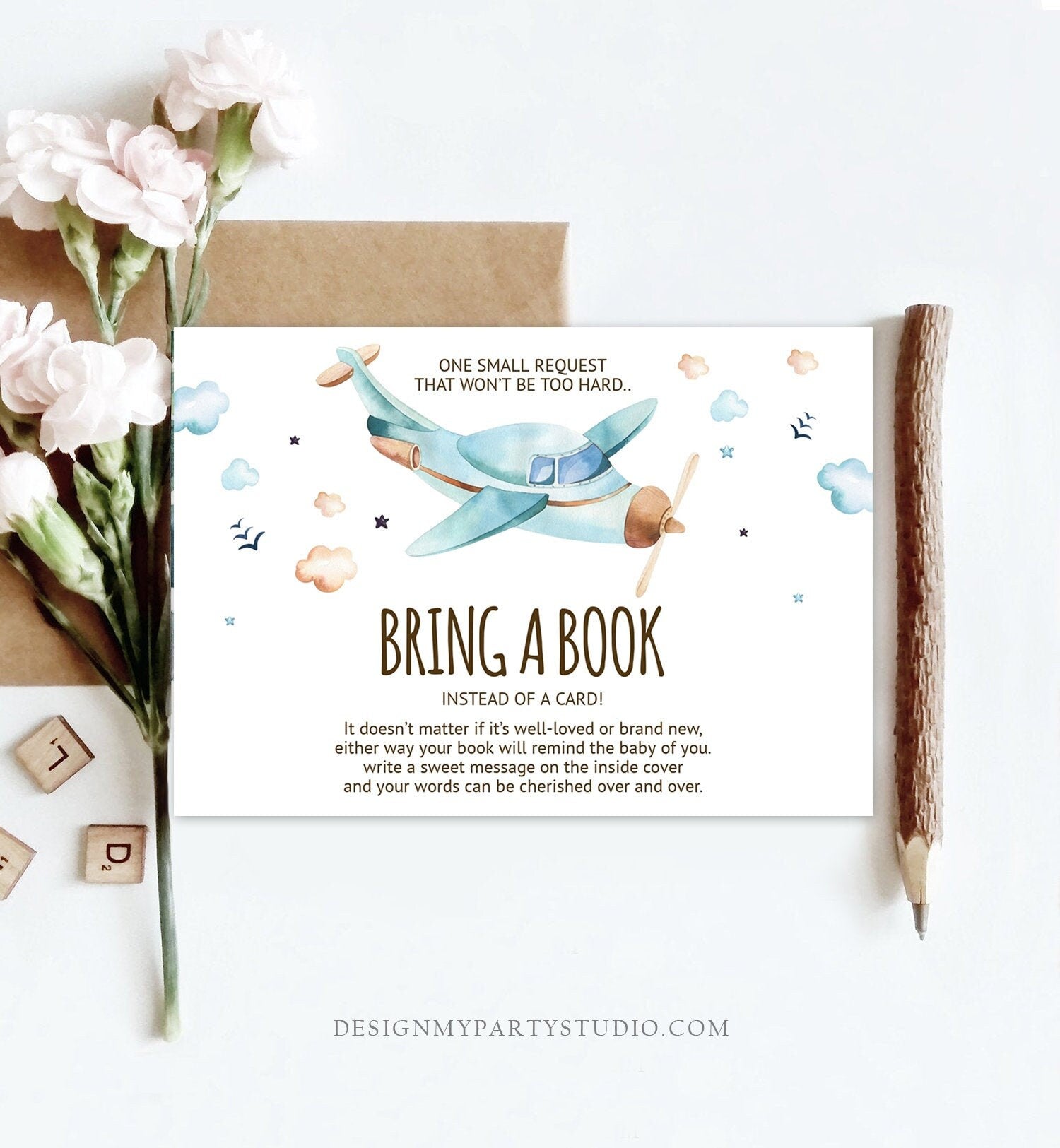 Editable Bring a Book Card Airplane Baby Shower Boy Vintage Travel Adventure Baby Book Insert Books for Baby Corjl Template Printable 0185