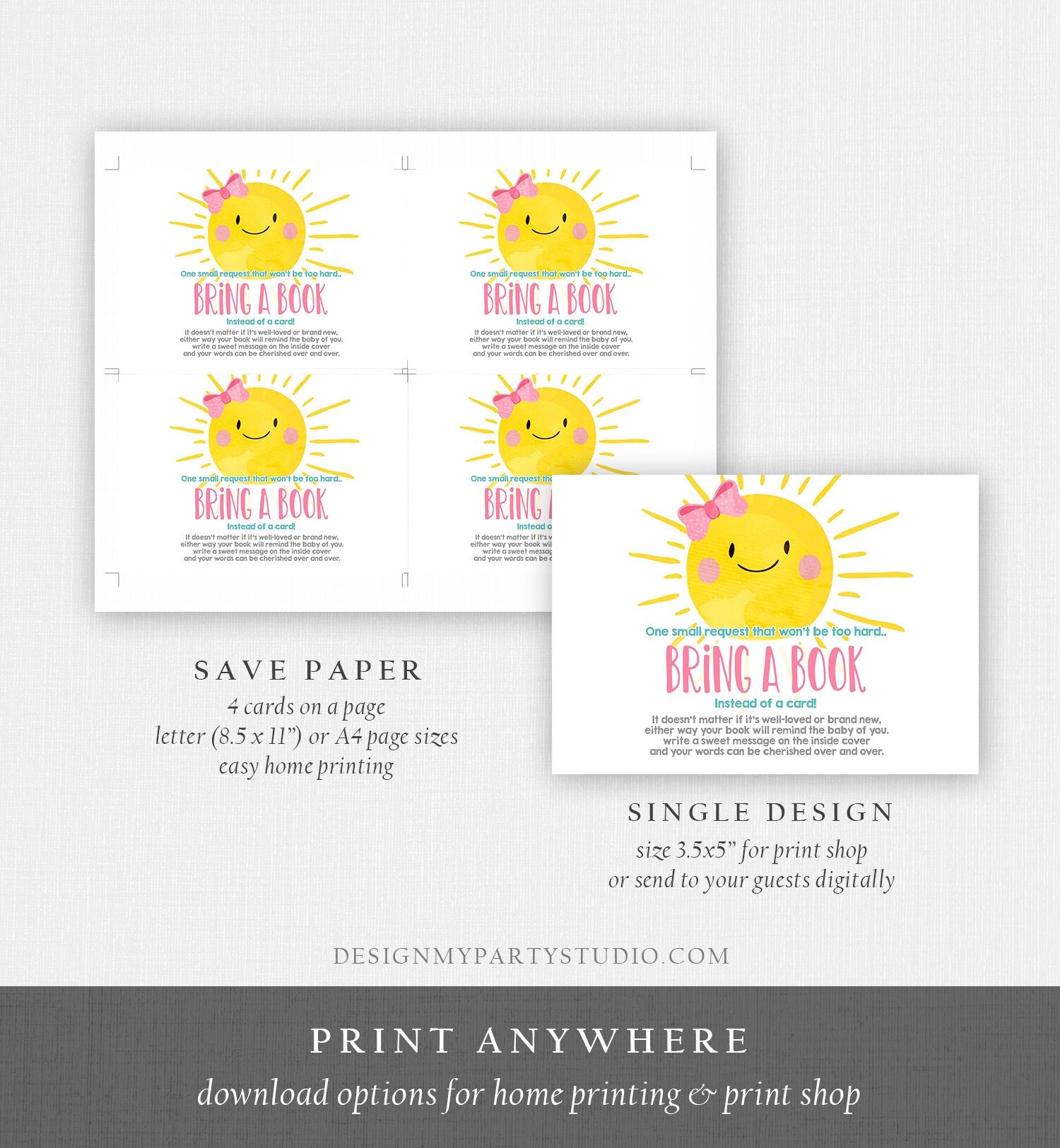 Editable Sunshine Bring a Book Card Baby Shower A Ray Of Sunshine Little Sunshine Blue Books Girl Request Digital Template Printable 0141