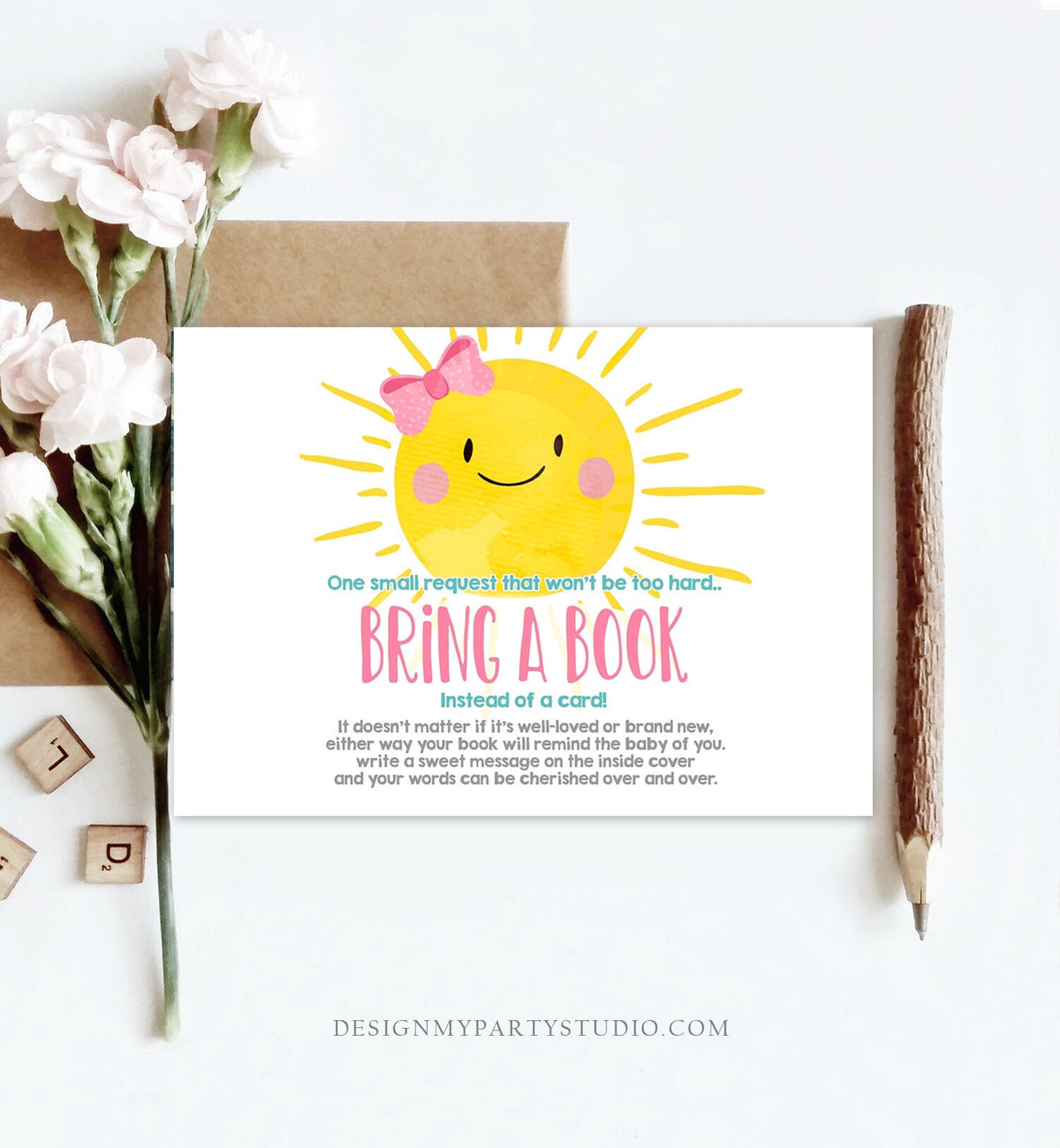 Editable Sunshine Bring a Book Card Baby Shower A Ray Of Sunshine Little Sunshine Blue Books Girl Request Digital Template Printable 0141