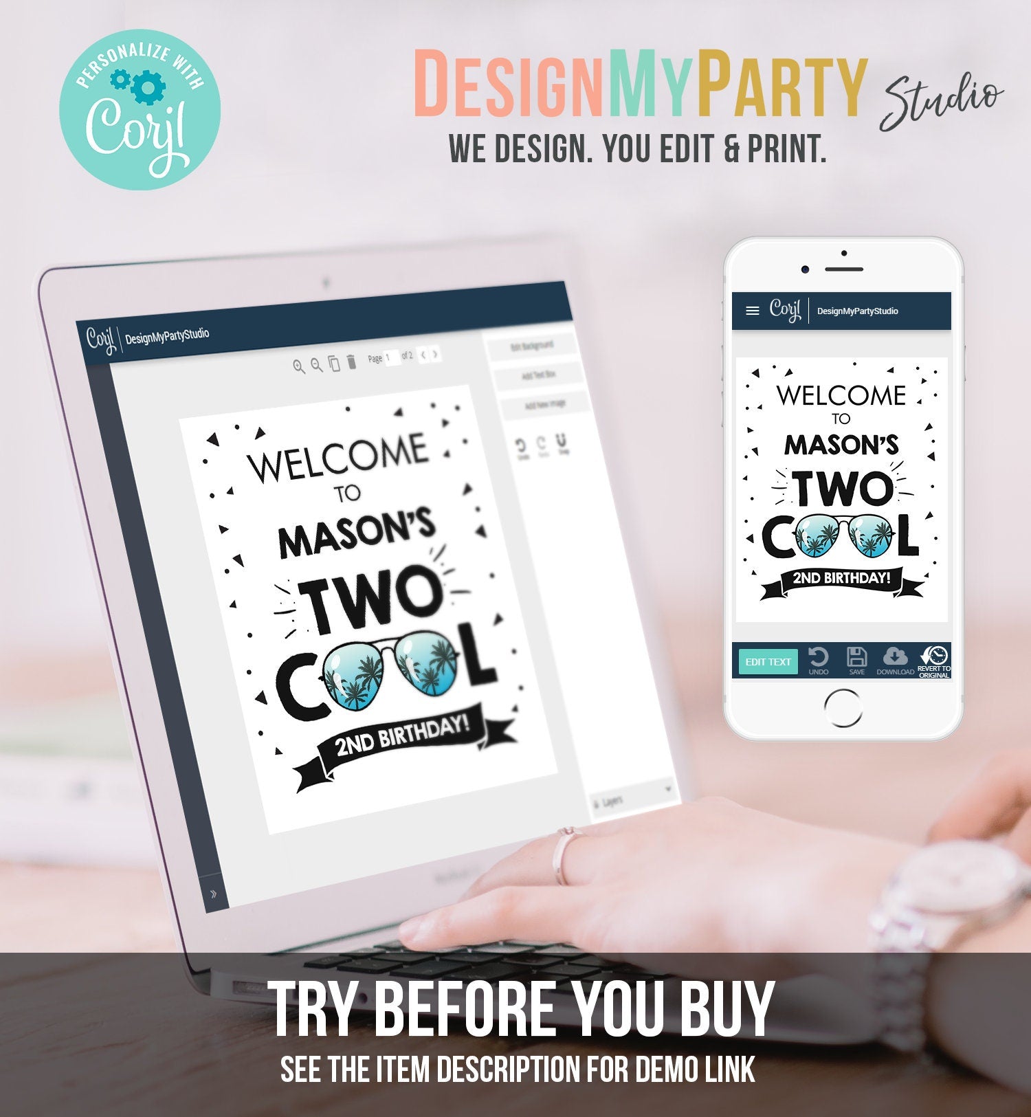 Editable Two Cool Birthday Welcome Sign 2nd Birthday I'm This Many Welcome Boy Birthday Sunglasses Palm Template PRINTABLE Corjl 0136