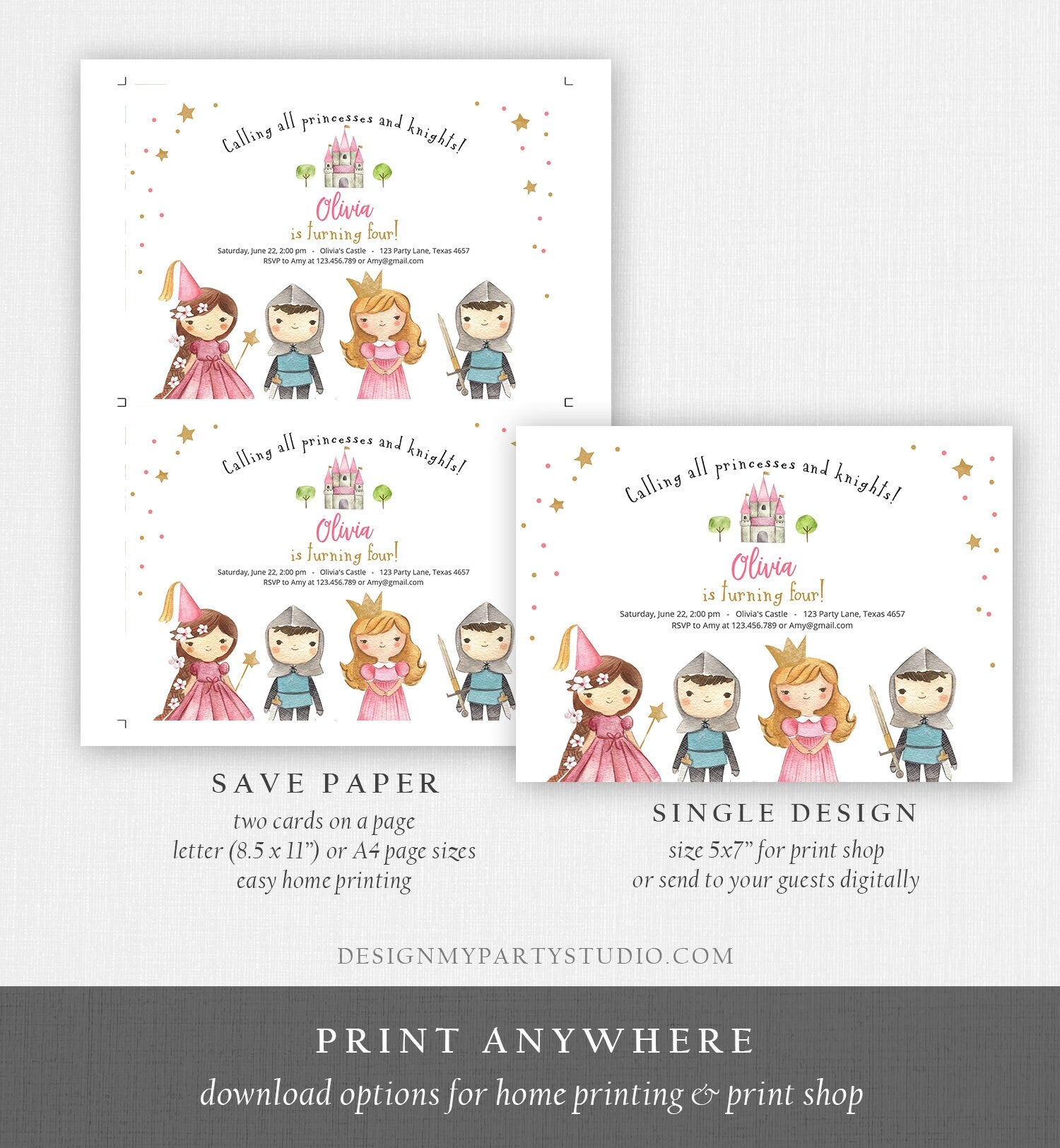 Editable Princess and Knight Birthday invitation Once Upon a Time Princess Birthday Girl Pink Castle Download Printable Template Corjl 0171