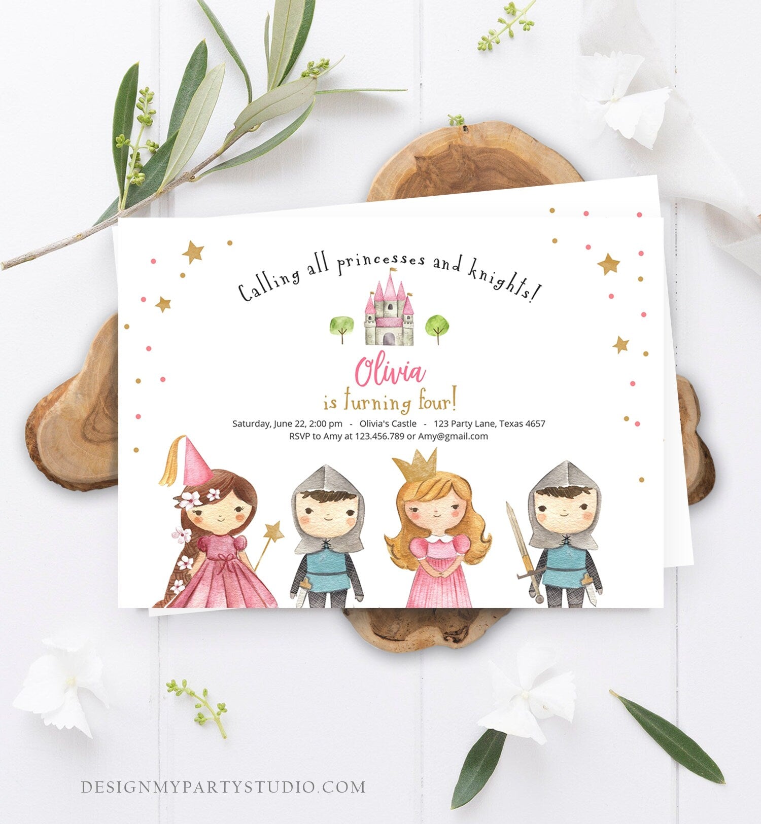 Editable Princess and Knight Birthday invitation Once Upon a Time Princess Birthday Girl Pink Castle Download Printable Template Corjl 0171