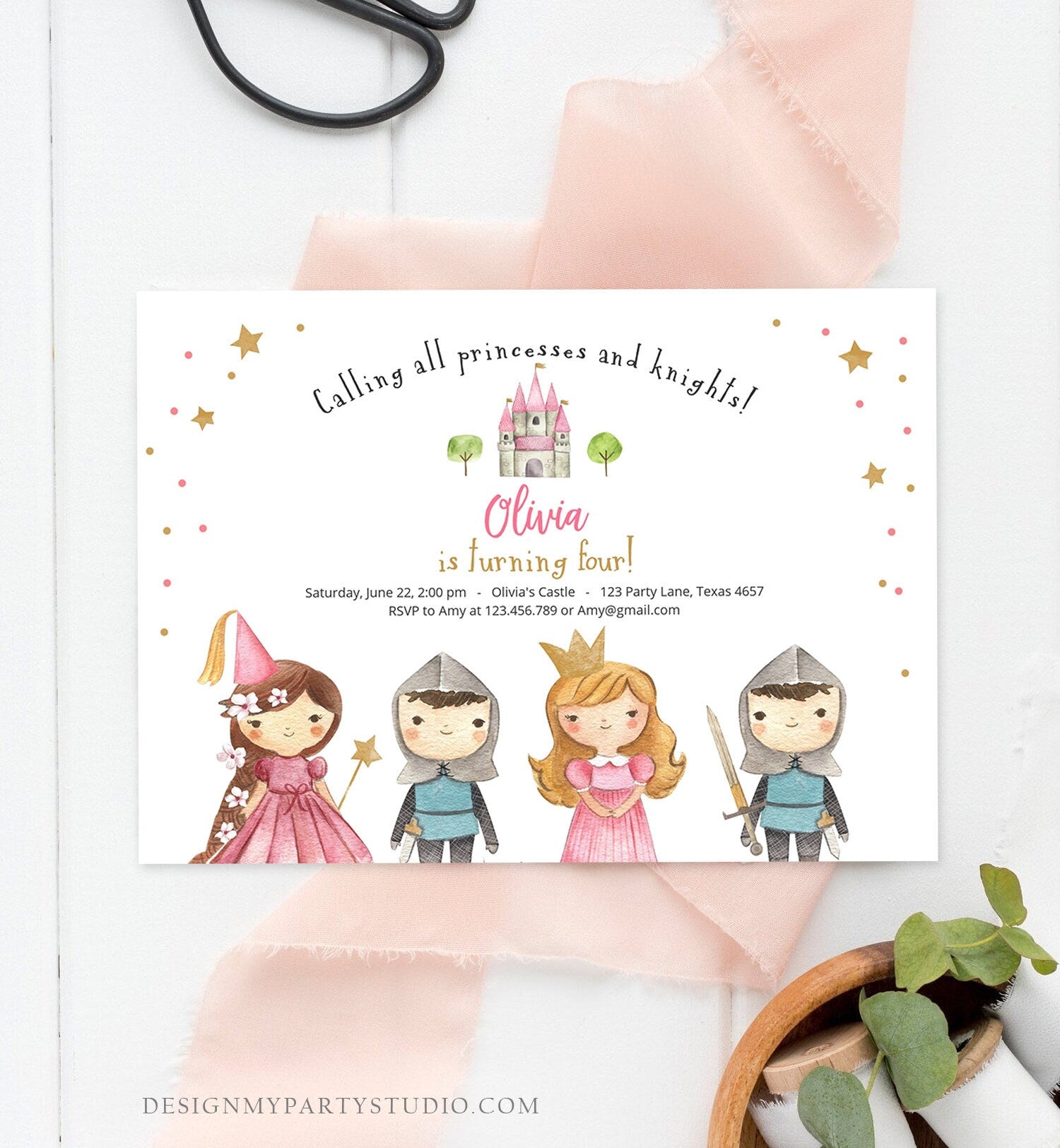 Editable Princess and Knight Birthday invitation Once Upon a Time Princess Birthday Girl Pink Castle Download Printable Template Corjl 0171