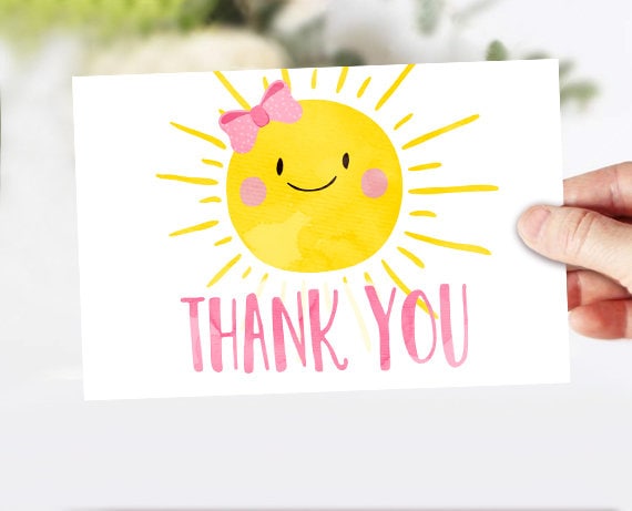 Little Sunshine Thank You Card Birthday Baby Shower Thank You Note Ray of Sunshine Bow Girl Pink Around the Sun Instant Download 0141