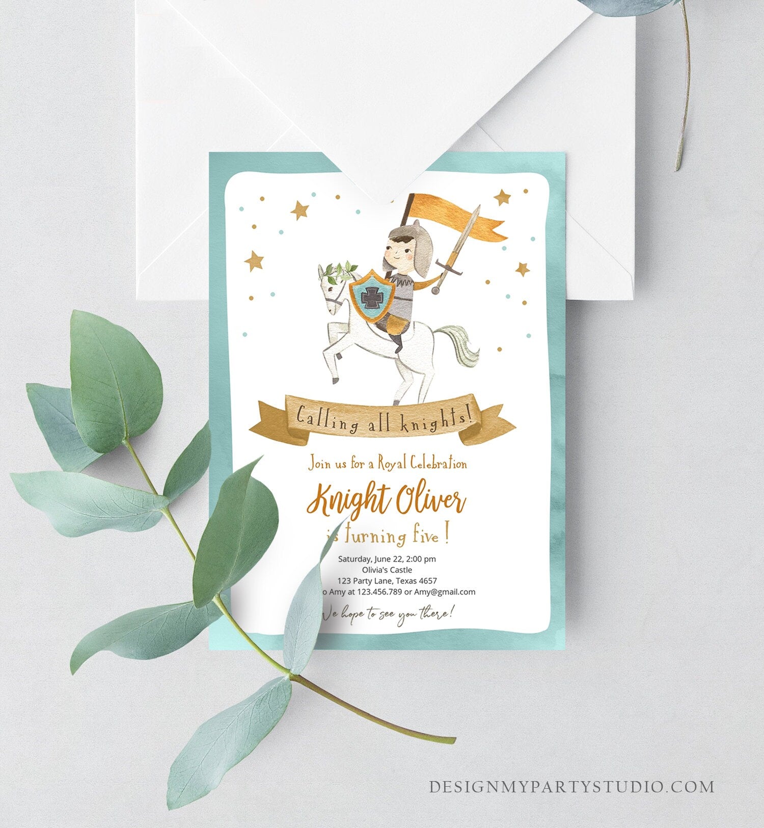 Editable Knight Birthday Invitation Boy Royal Birthday Once Upon a Time Knight Dragon Castle Blue Medieval Template Corjl Printable 0171