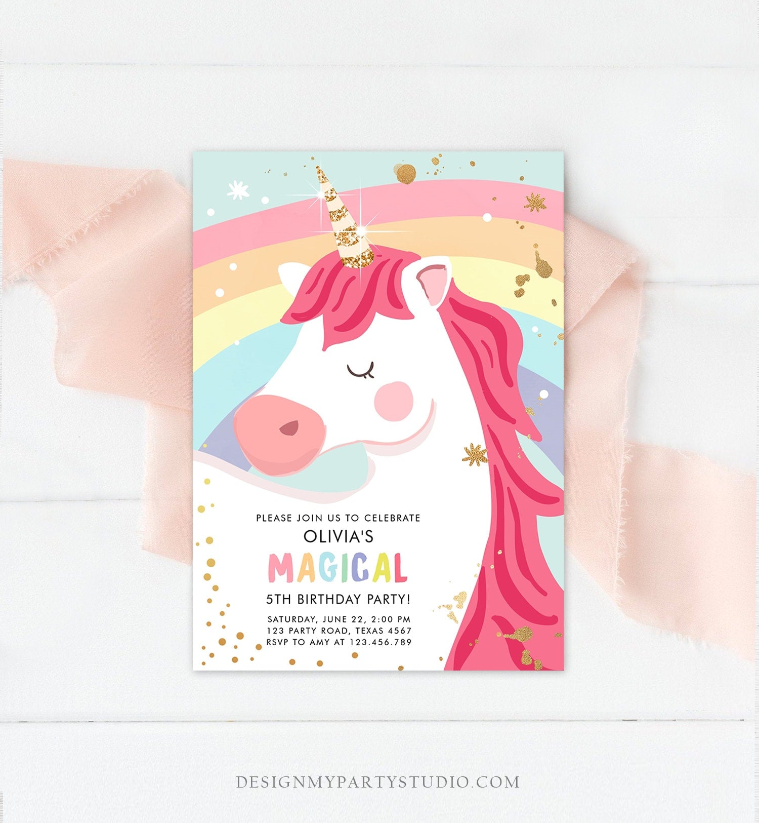 Editable Unicorn Birthday Invitation Unicorn Party Girl Pink Gold Magical Unicorn Rainbow Digital Download Evite Template Printable 0323