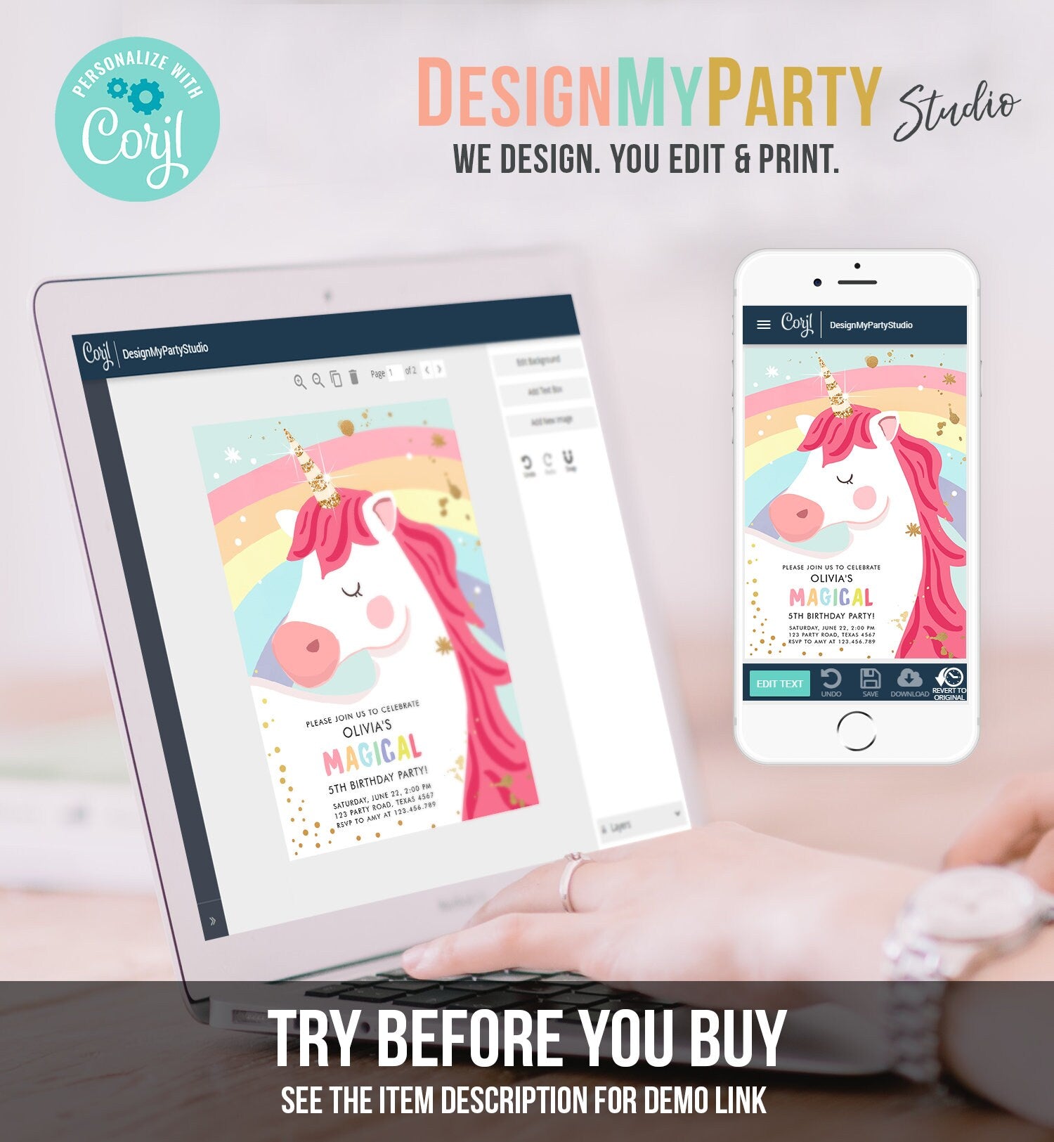 Editable Unicorn Birthday Invitation Unicorn Party Girl Pink Gold Magical Unicorn Rainbow Digital Download Evite Template Printable 0323