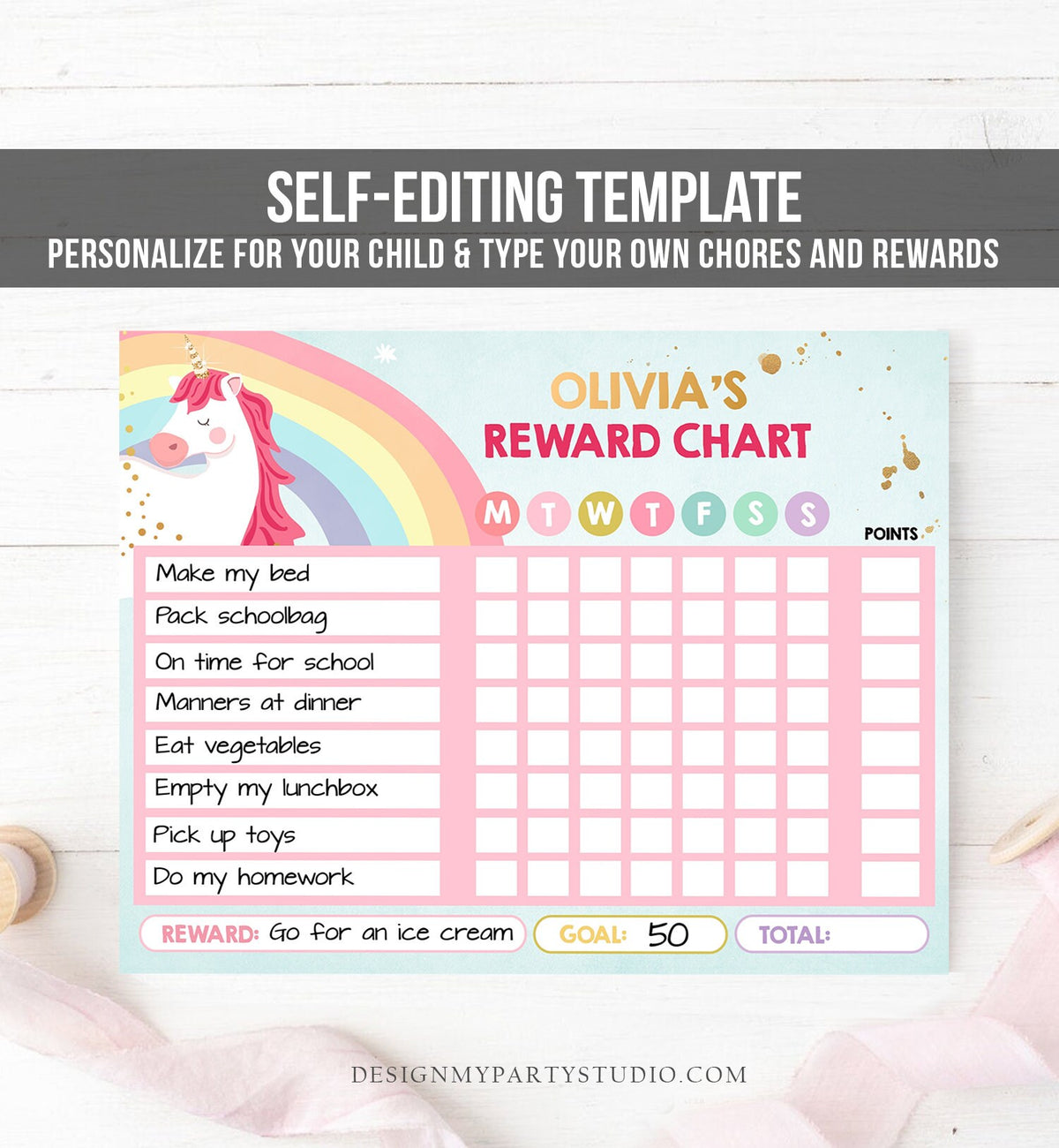 Editable Unicorn Reward Chart for Girls Unicorn Chore Chart for Kids Routine Chart Pink Purple Rainbow Digital Printable Habit Template 0323