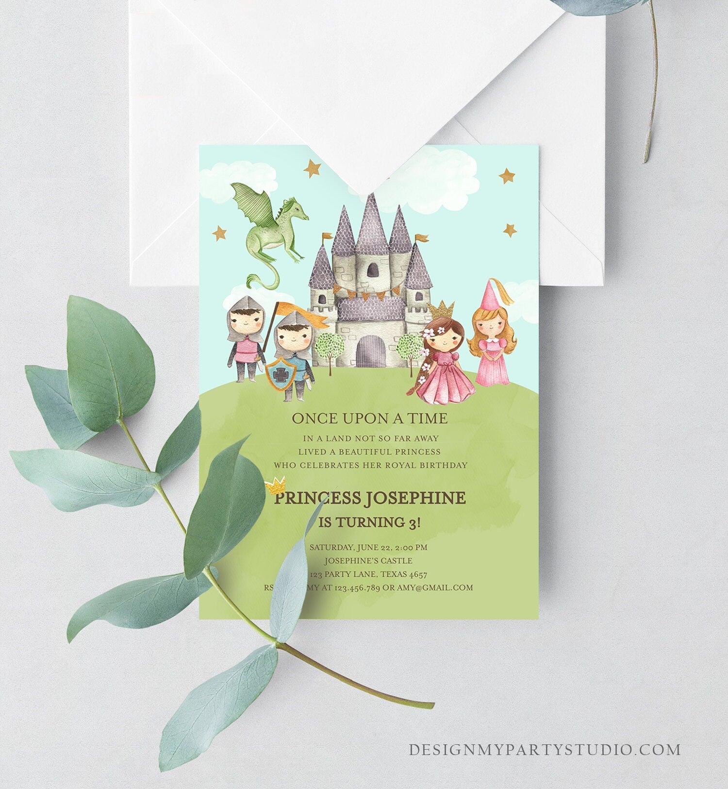 Editable Princess and Knight Birthday Invitation Once Upon a Time Princess Royal Birthday Girl Pink Castle Digital Template Printable 0171