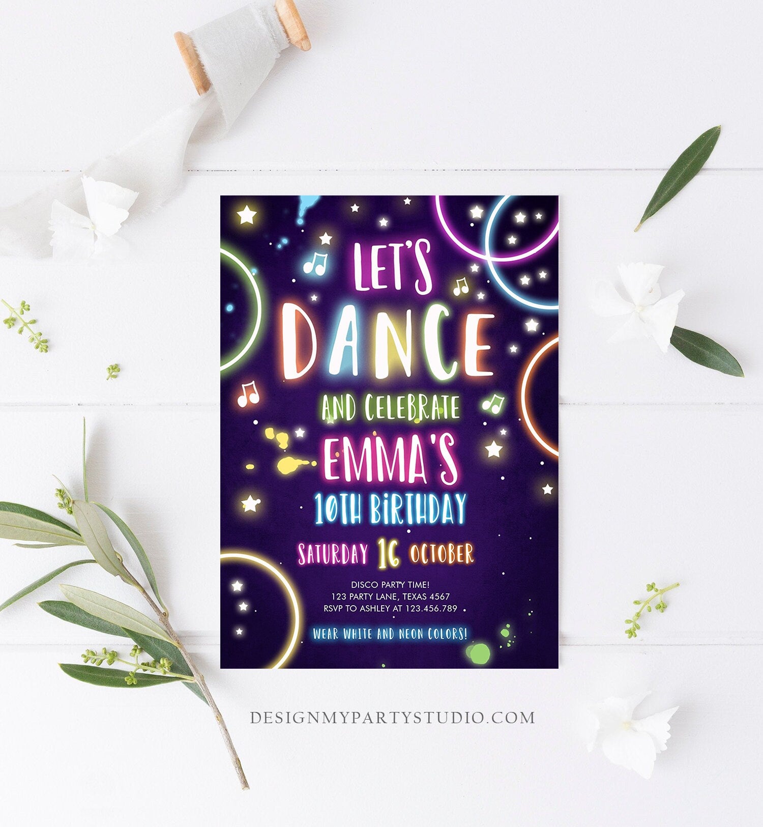 Editable Dance Party Birthday Invitation Disco Music Let's Dance Neon Glow In The Dark Party Girl Teen Pink Template Corjl Printable 0172