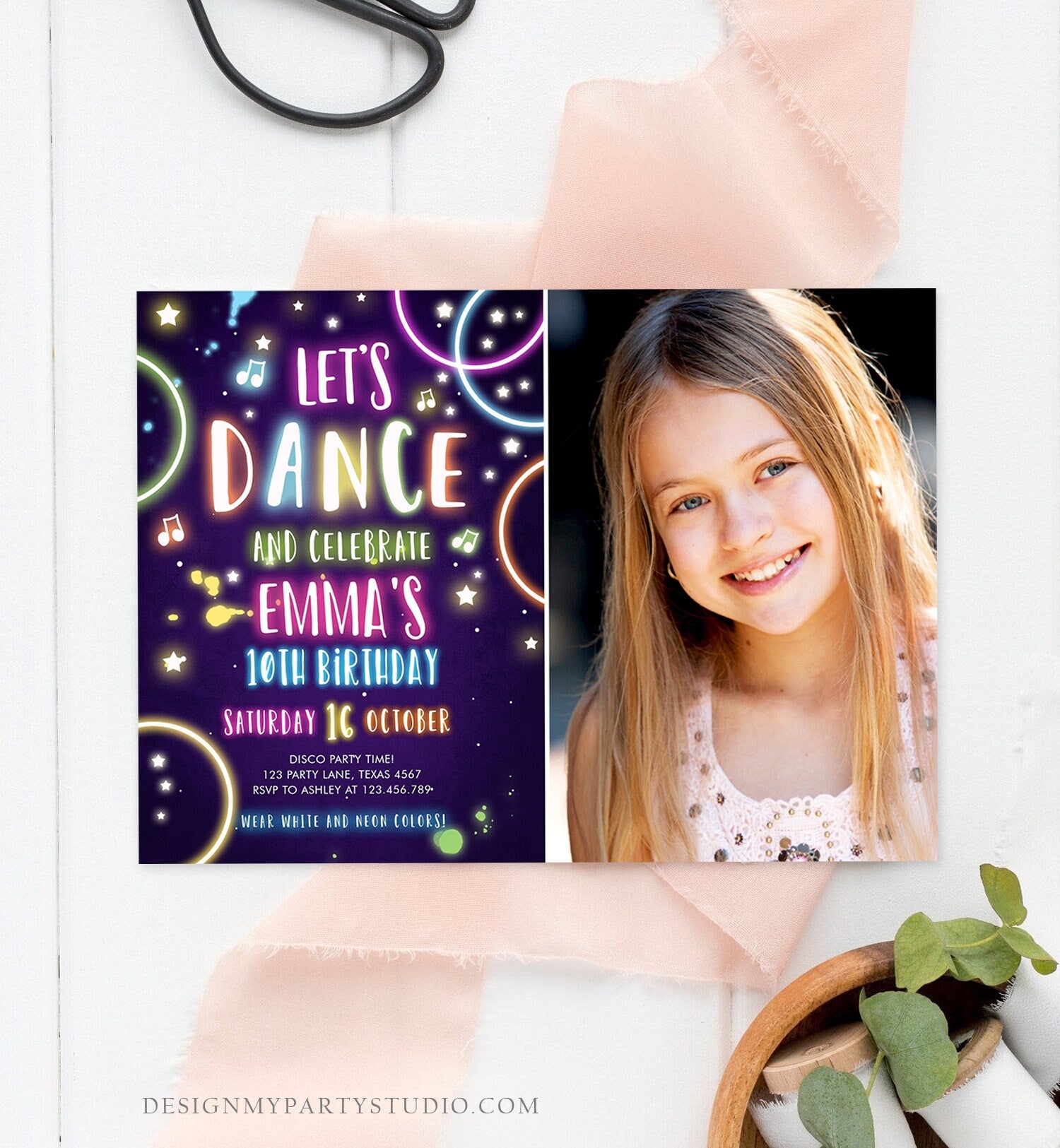 Editable Dance Party Birthday Invitation Disco Music Let's Dance Neon Glow In The Dark Party Girl Teen Pink Template Corjl Printable 0172