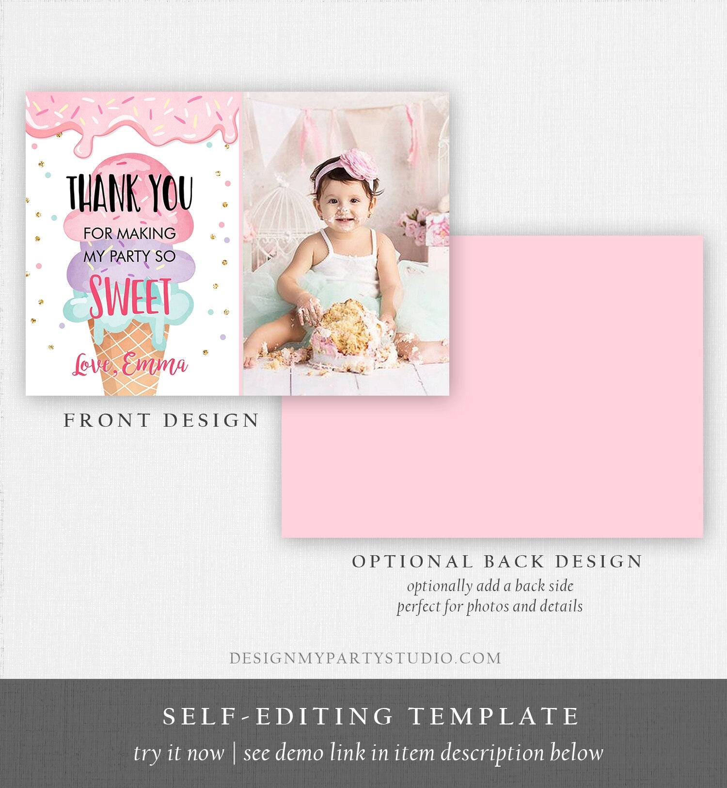 Editable Ice Cream Thank You Card Ice Cream Birthday Thank you Note Girl Birthday Summer Download Printable Template Digital Corjl 0243