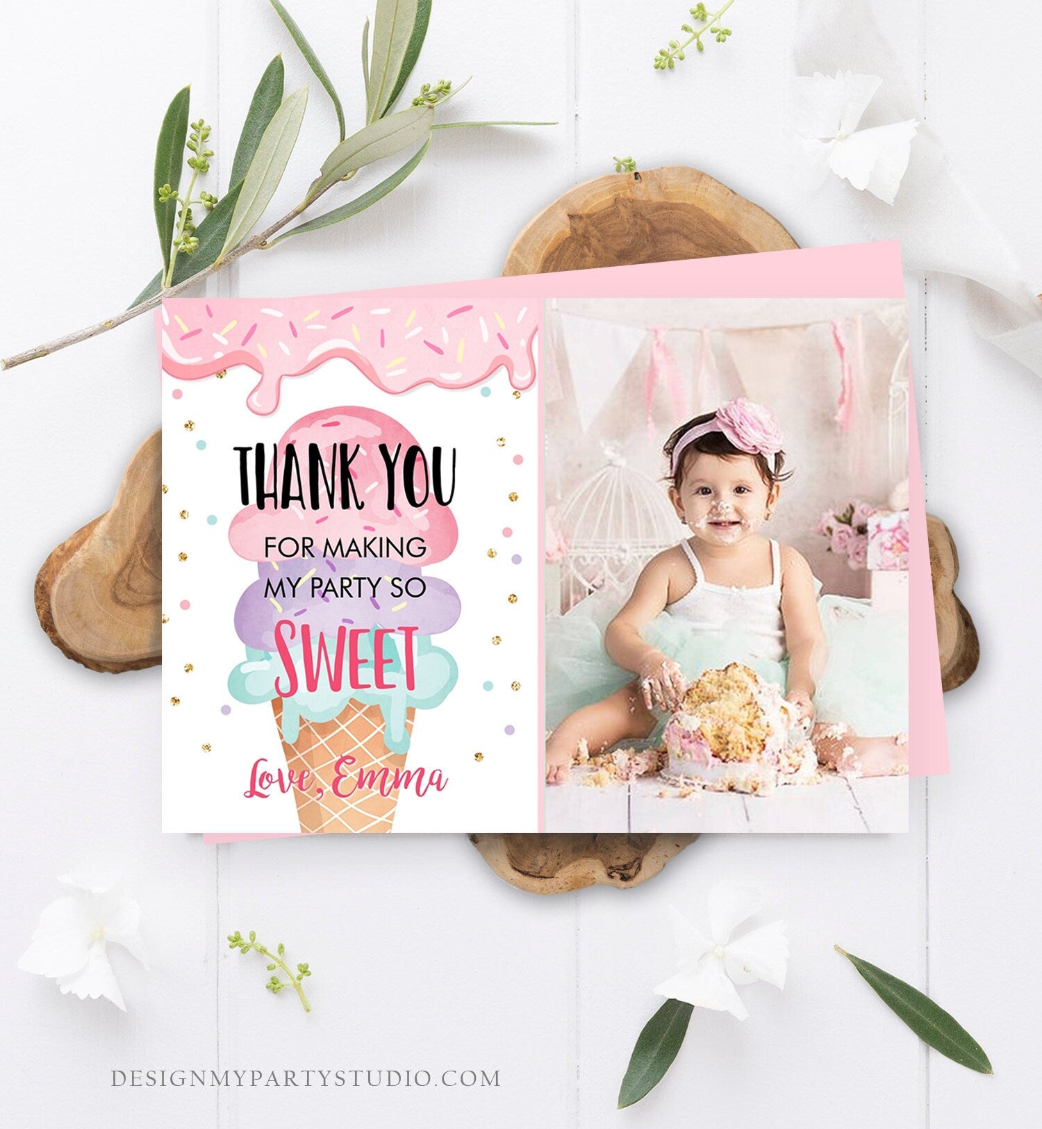 Editable Ice Cream Thank You Card Ice Cream Birthday Thank you Note Girl Birthday Summer Download Printable Template Digital Corjl 0243