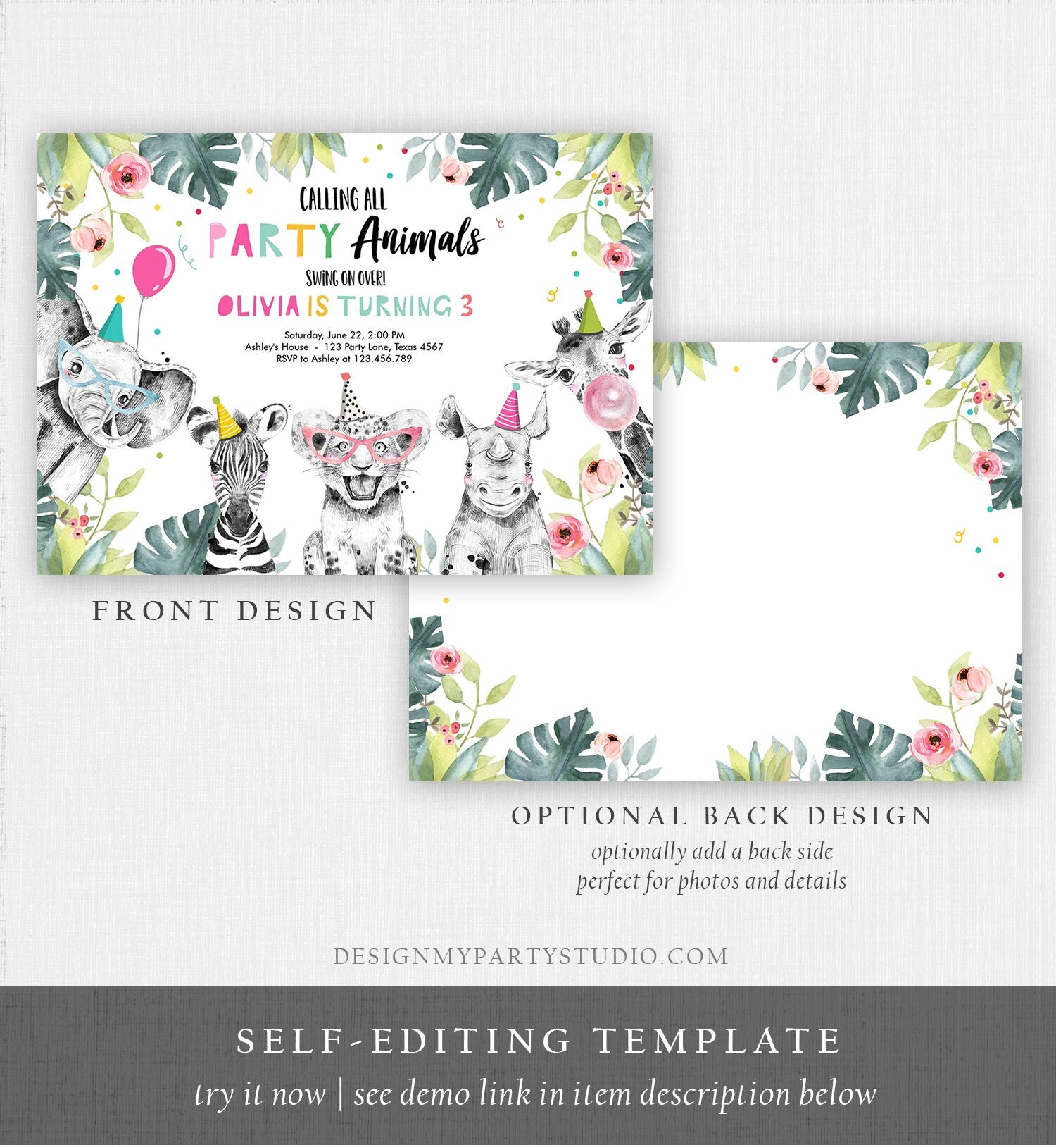 Editable Party Animals Birthday Invitation Wild One Animals Invitation Zoo Safari Animals Girl Download Printable Invite Template Corjl 0322