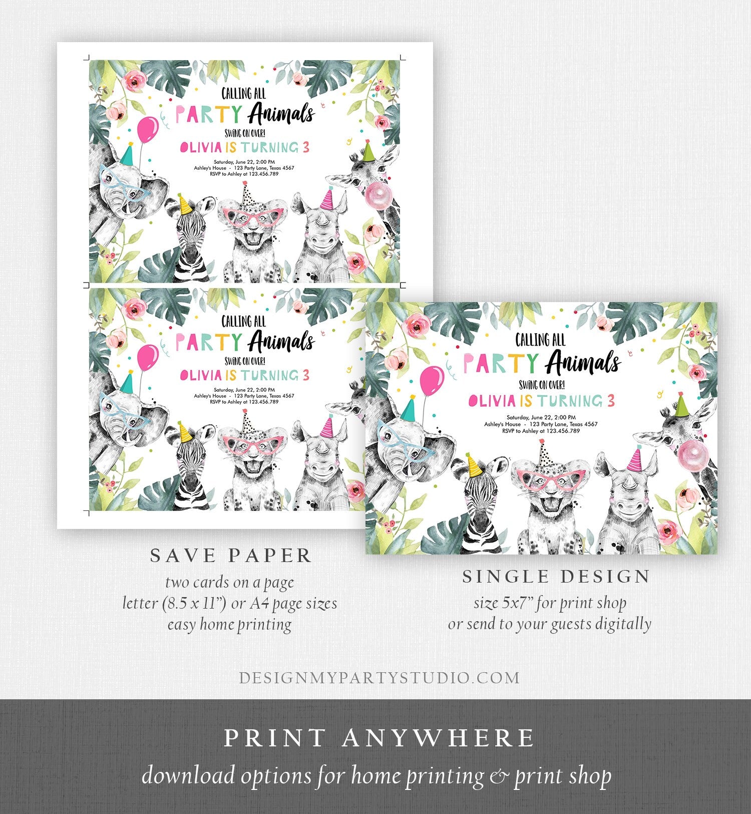 Editable Party Animals Birthday Invitation Wild One Animals Invitation Zoo Safari Animals Girl Download Printable Invite Template Corjl 0322