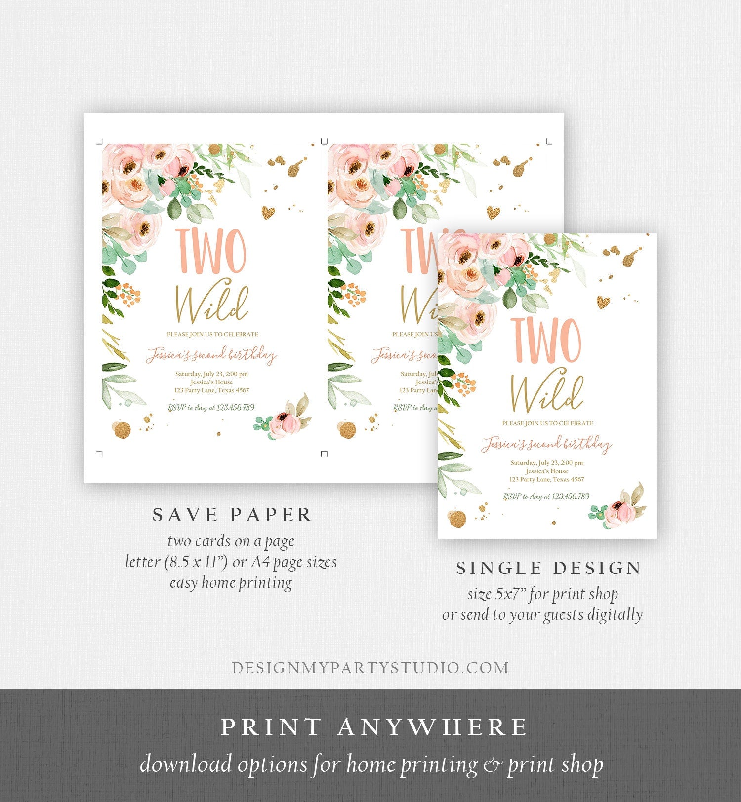 Editable Two Wild Birthday Invitation 2nd Birthday Girl Pink Gold Floral Second Birthday Wild Digital Download Evite Template Printable 0147