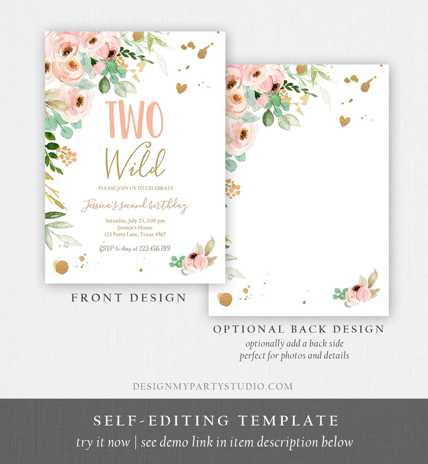 Editable Two Wild Birthday Invitation 2nd Birthday Girl Pink Gold Floral Second Birthday Wild Digital Download Evite Template Printable 0147