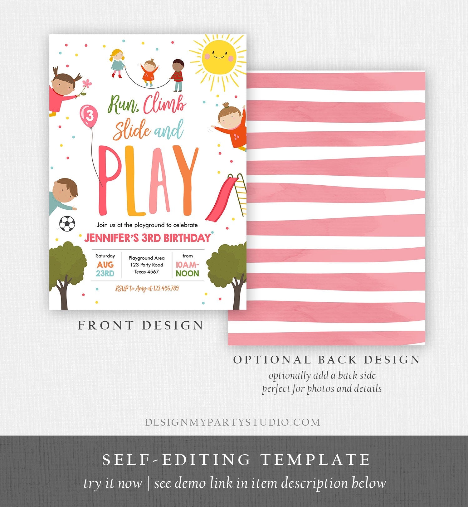 Editable Playground Birthday Invitation Party In The Park Girl Pink Run Climb Slide and Play Download Printable Template Corjl Digital 0327