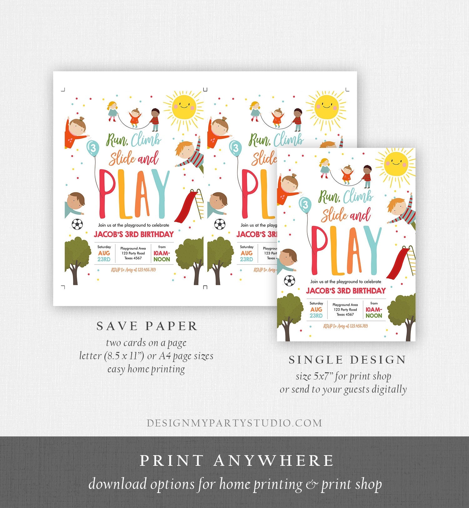 Editable Playground Birthday Invitation Party In The Park Boy Blue Run Climb Slide and Play Download Printable Template Corjl Digital 0327