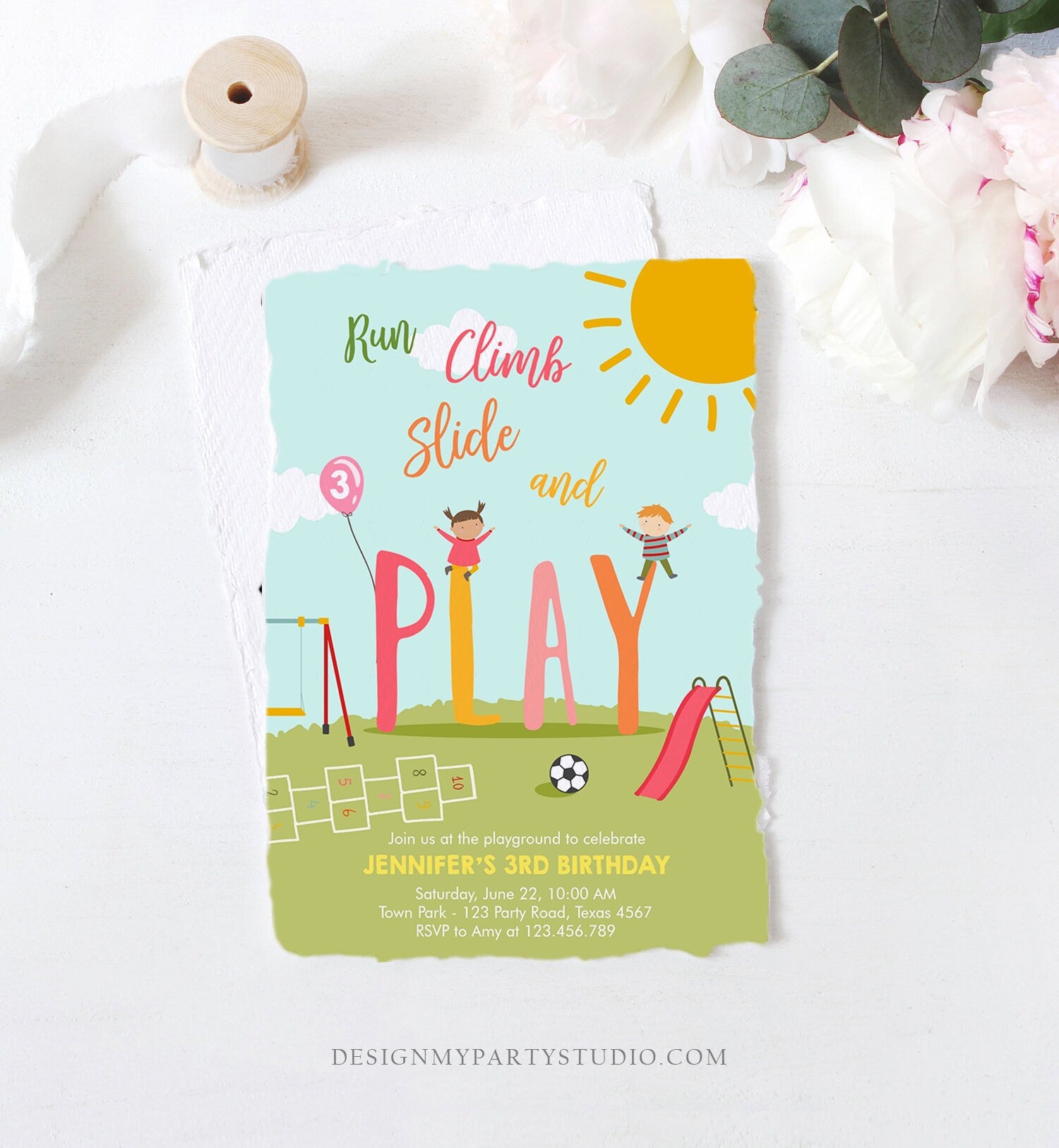 Editable Playground Birthday Invitation Party In The Park Girl Pink Run Climb Slide and Play Download Printable Template Digital Evite 0327