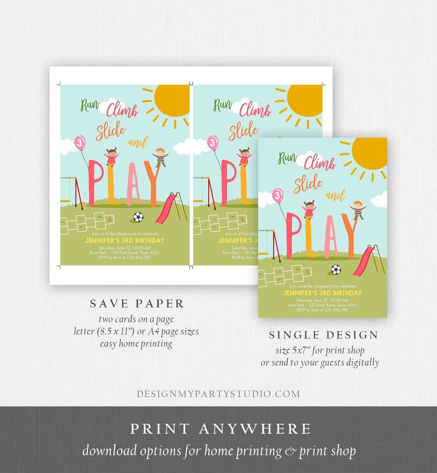 Editable Playground Birthday Invitation Party In The Park Girl Pink Run Climb Slide and Play Download Printable Template Digital Evite 0327