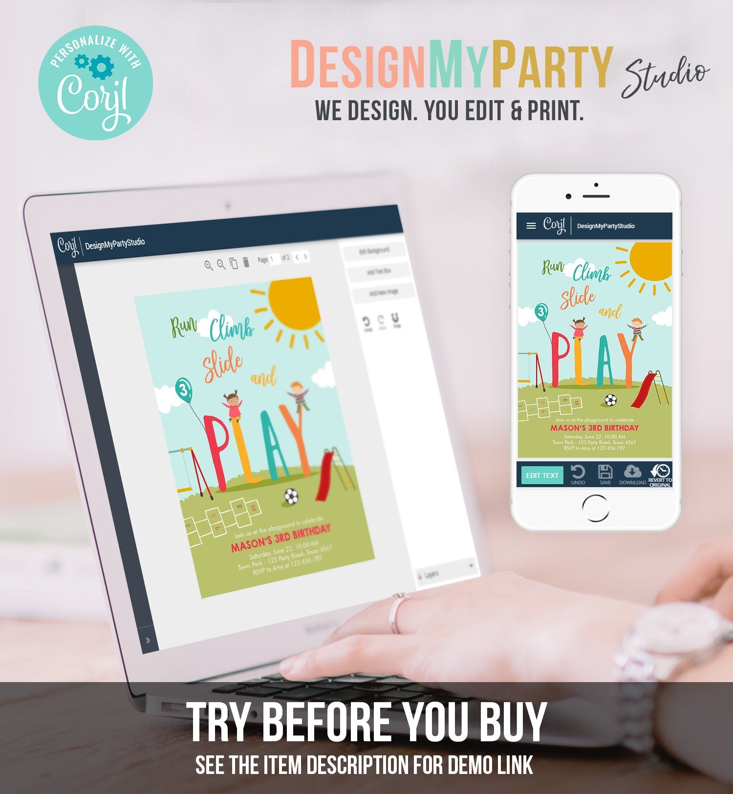 Editable Playground Birthday Invitation Party In The Park Boy Blue Run Climb Slide and Play Download Printable Template Corjl Digital 0327