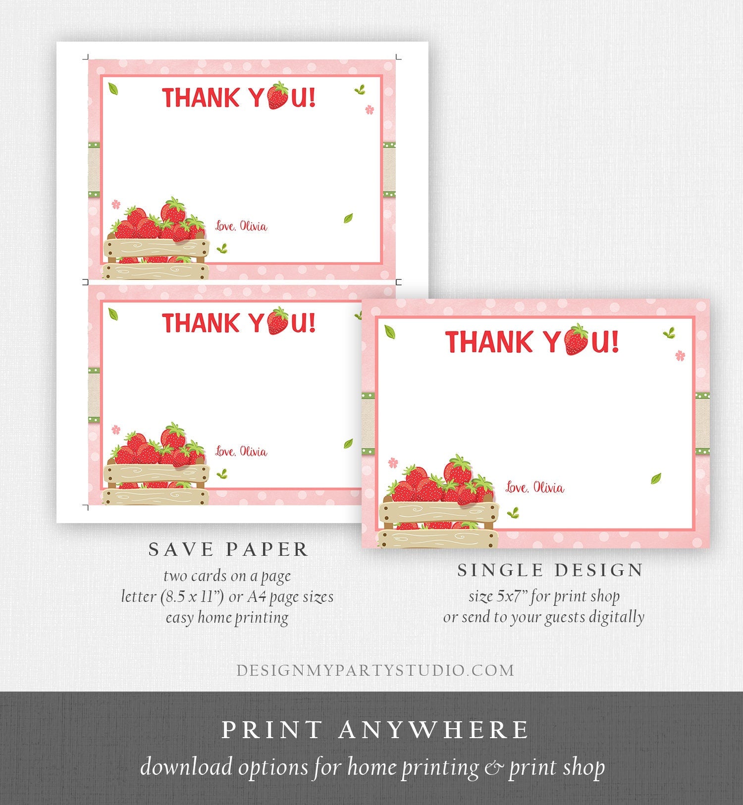 Editable Strawberry Thank You Card Birthday Strawberry Birthday Farmers Market Girl Berry Sweet Download Printable Template Corjl 0091