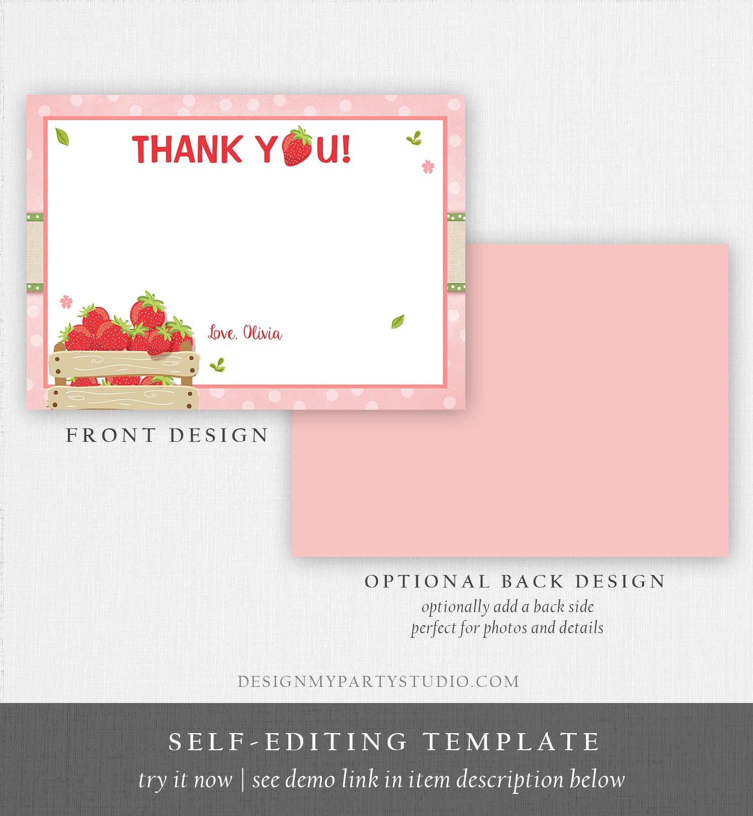 Editable Strawberry Thank You Card Birthday Strawberry Birthday Farmers Market Girl Berry Sweet Download Printable Template Corjl 0091