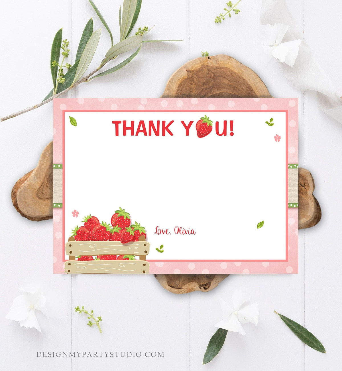 Editable Strawberry Thank You Card Birthday Strawberry Birthday Farmers Market Girl Berry Sweet Download Printable Template Corjl 0091