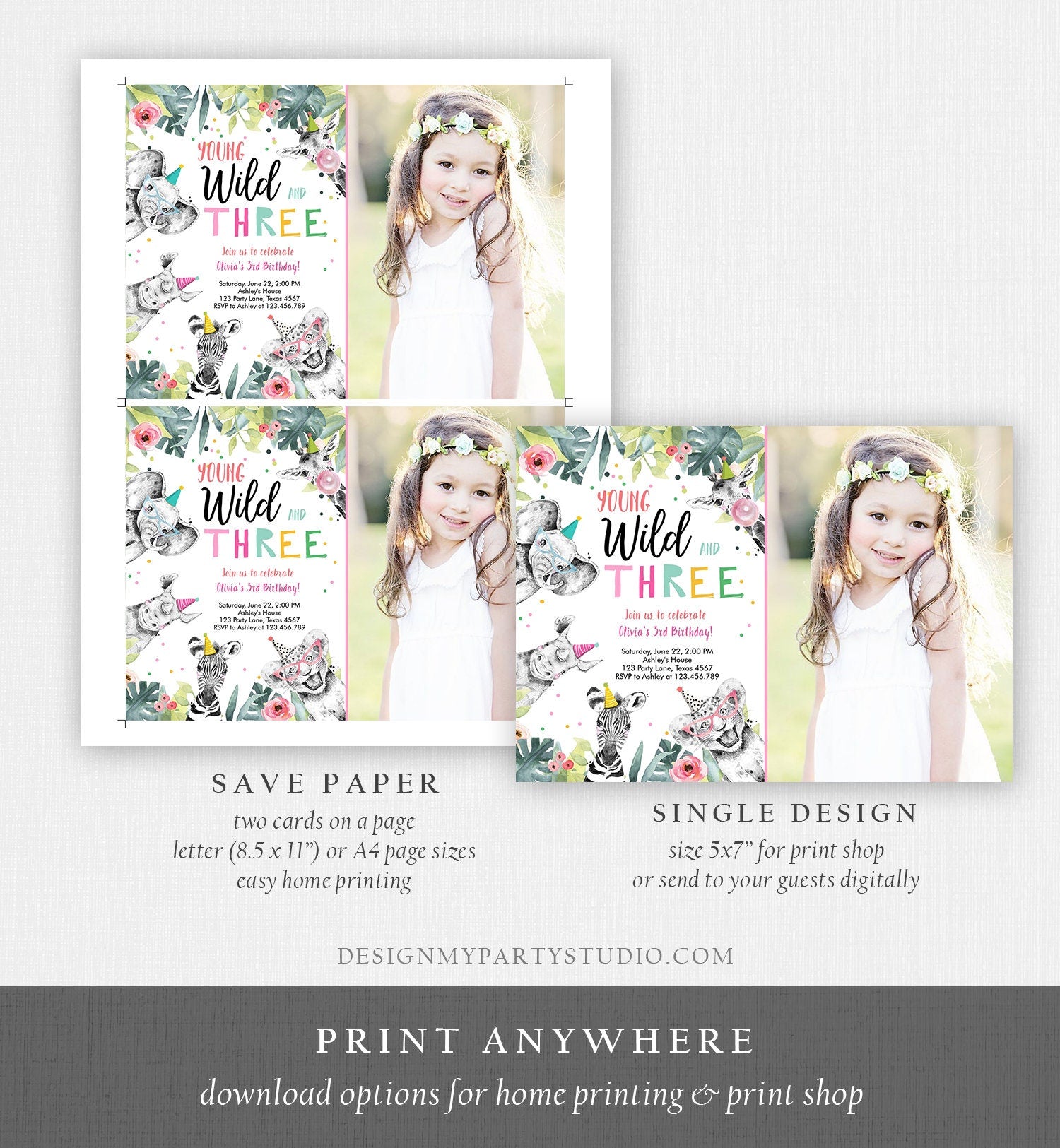 Editable Young Wild and Three Invitation Girl Pink and Gold Safari Animals Zoo Instant Download Printable Template Digital Corjl 0322