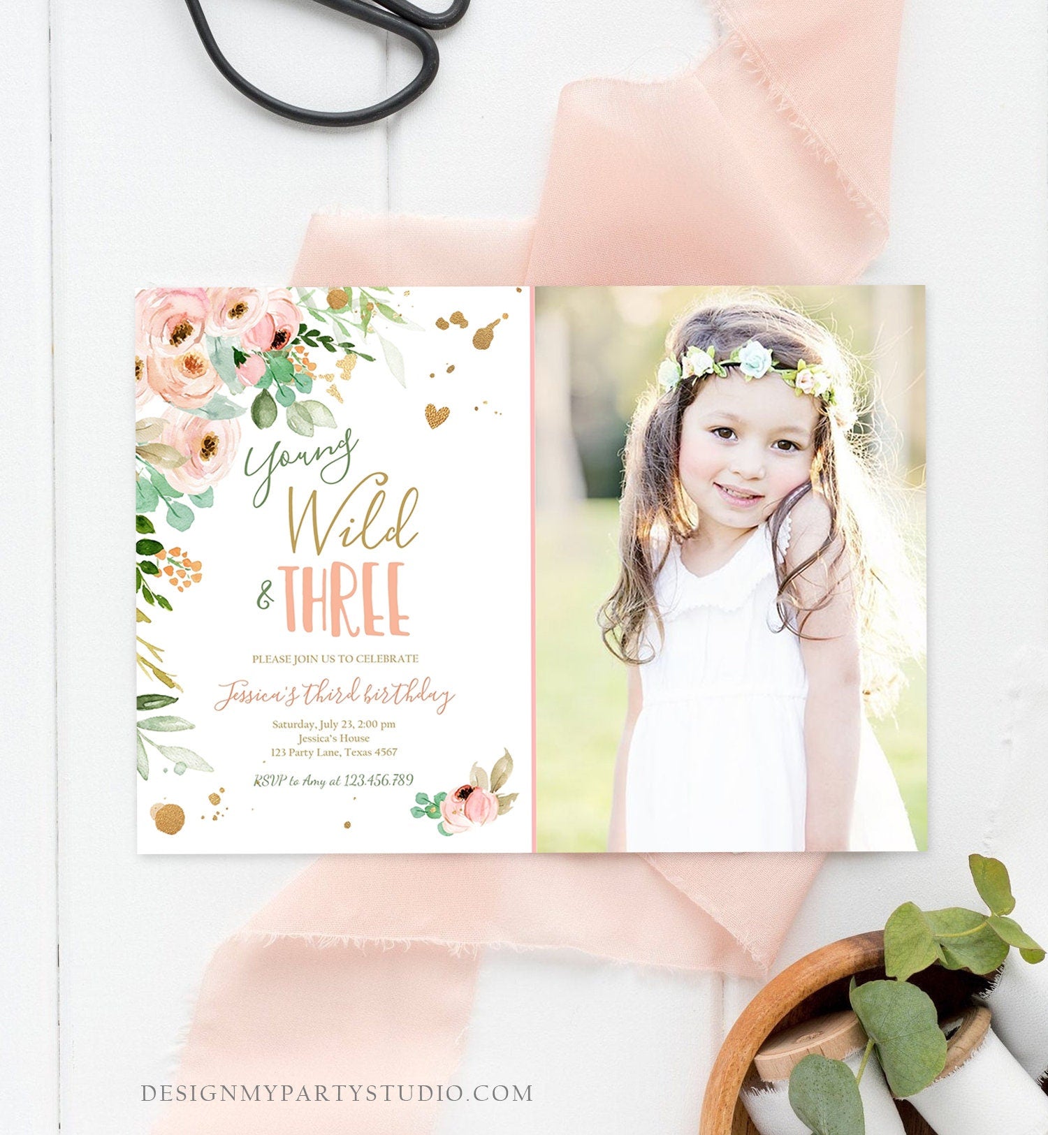 Editable Young Wild and Three Birthday Invitation 3rd Birthday Girl Pink Gold Floral Wild Digital Download Evite Template Printable 0147