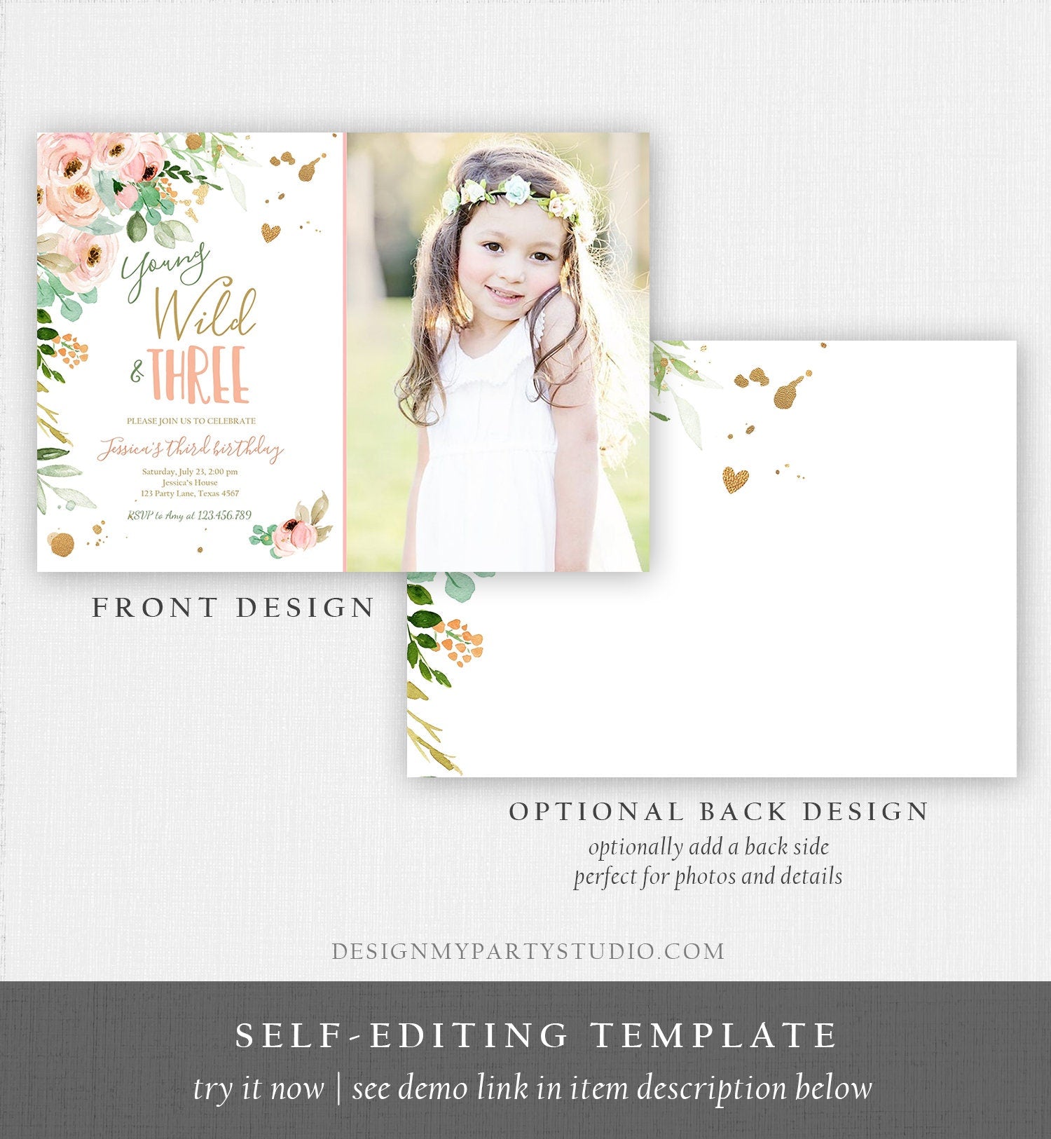 Editable Young Wild and Three Birthday Invitation 3rd Birthday Girl Pink Gold Floral Wild Digital Download Evite Template Printable 0147