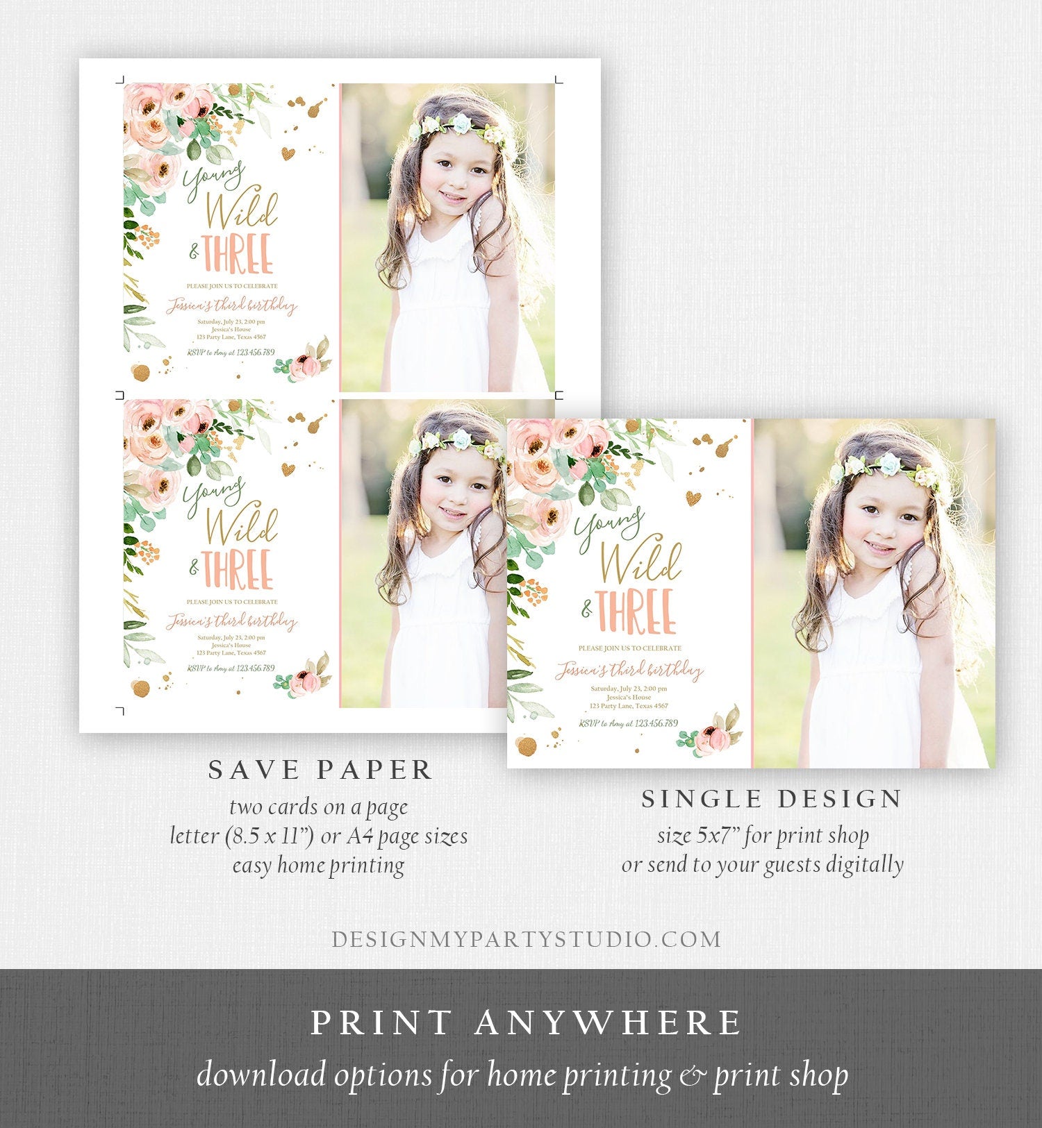 Editable Young Wild and Three Birthday Invitation 3rd Birthday Girl Pink Gold Floral Wild Digital Download Evite Template Printable 0147