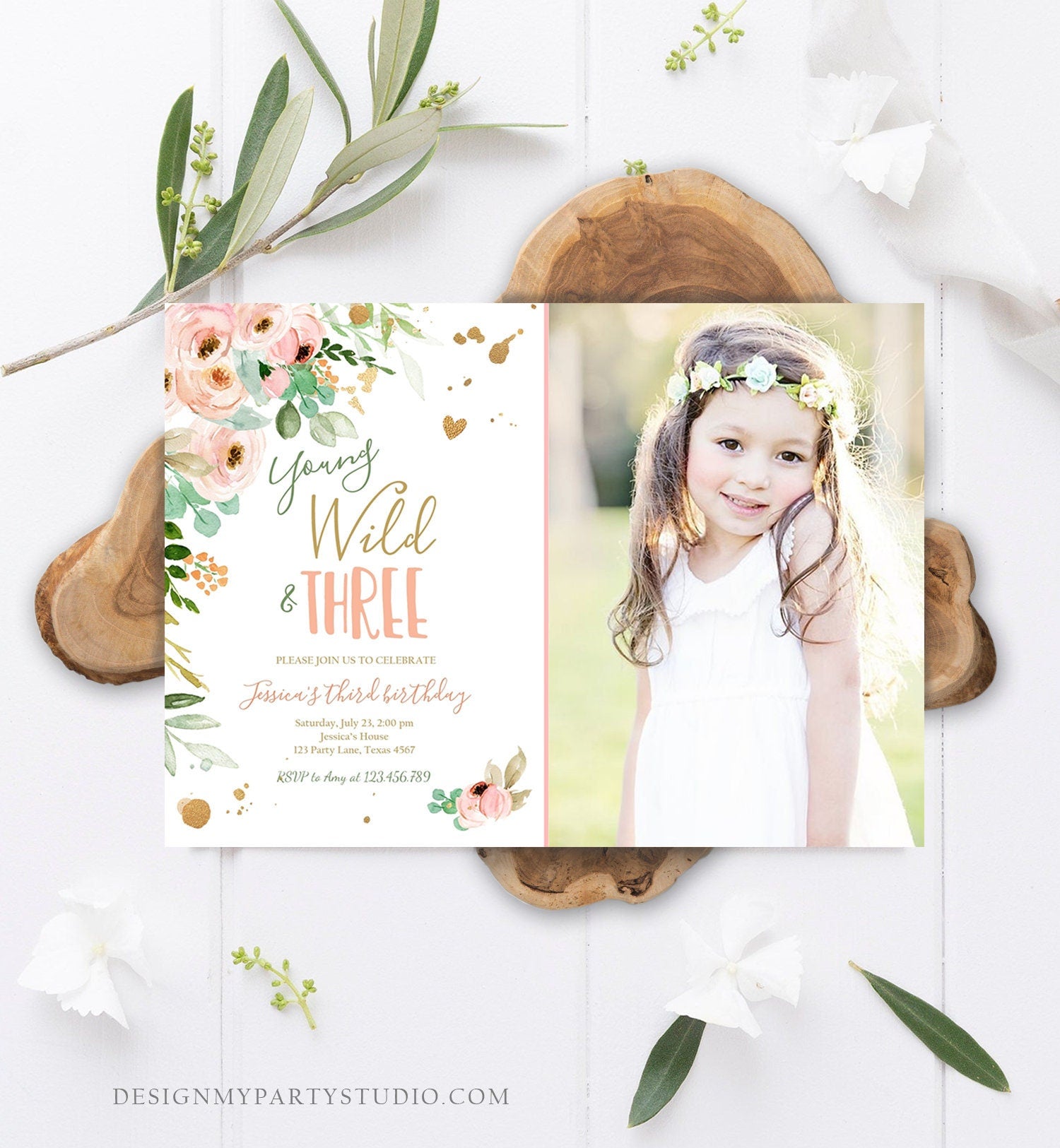 Editable Young Wild and Three Birthday Invitation 3rd Birthday Girl Pink Gold Floral Wild Digital Download Evite Template Printable 0147