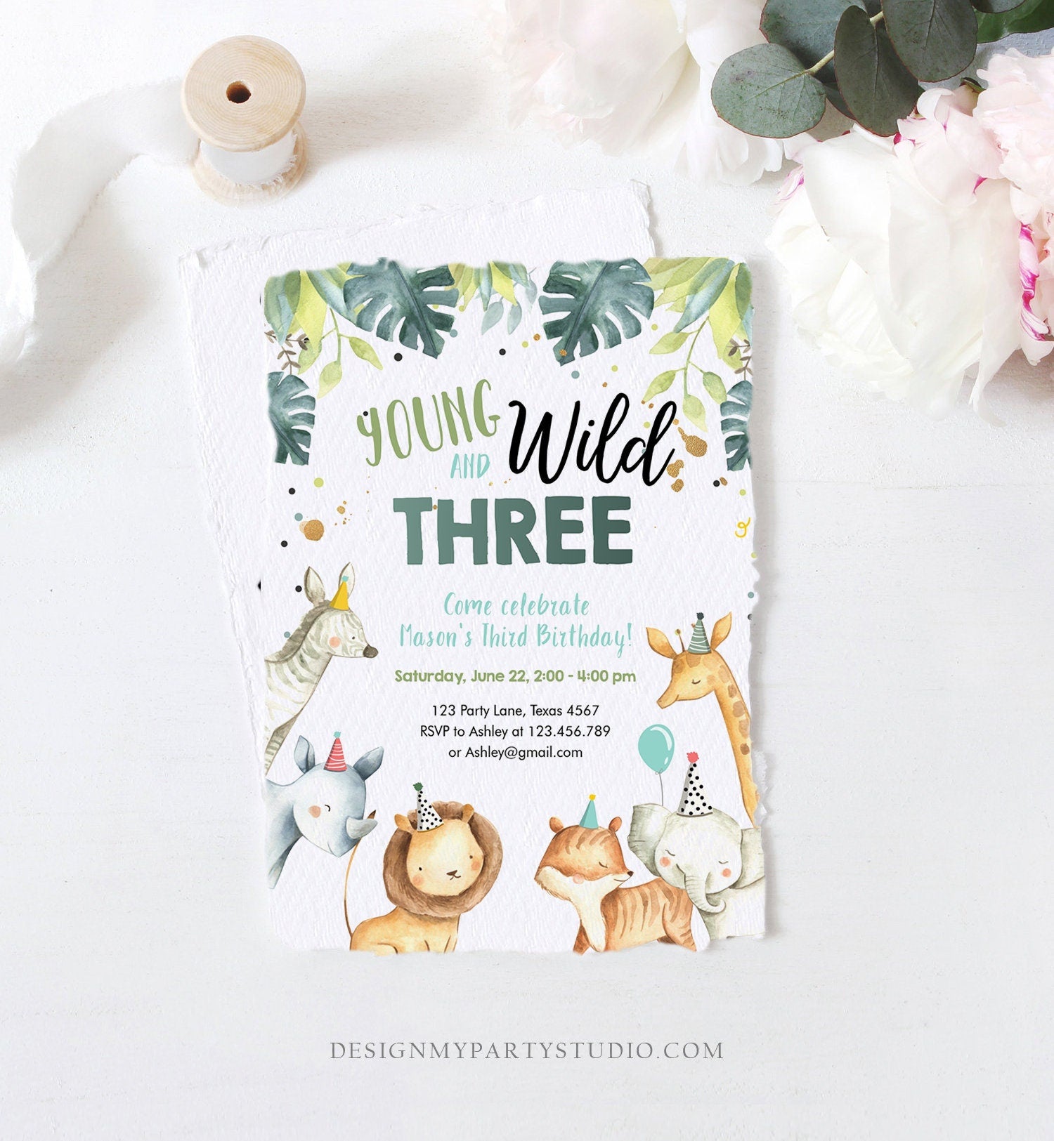 Editable Young Wild and Three Birthday Invitation Boy Safari Animals Green Party Animals Third Birthday 3rd Template Corjl Printable 0163