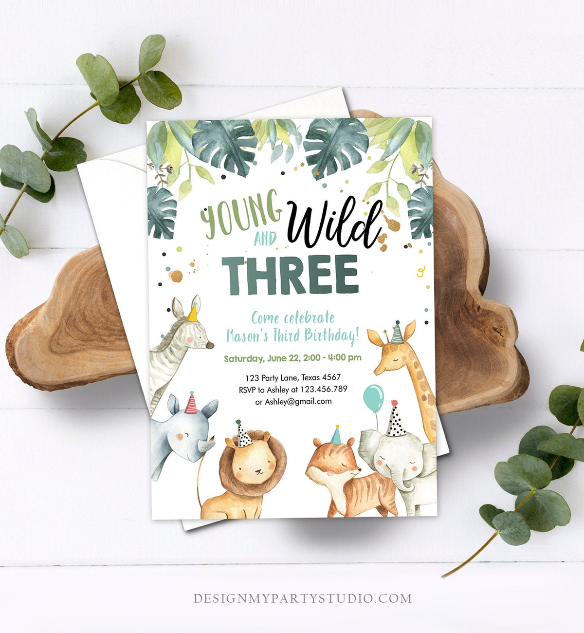 Editable Young Wild and Three Birthday Invitation Boy Safari Animals Green Party Animals Third Birthday 3rd Template Corjl Printable 0163