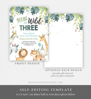 Editable Young Wild and Three Birthday Invitation Boy Safari Animals Green Party Animals Third Birthday 3rd Template Corjl Printable 0163