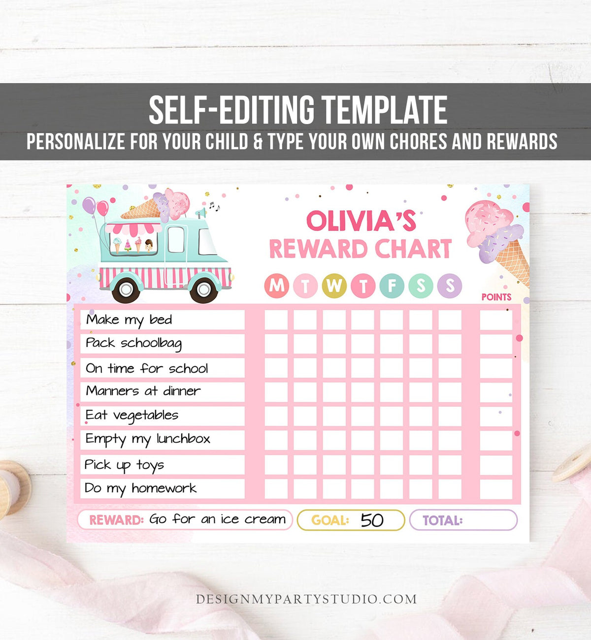 Editable Ice Cream Reward Chart Girls Chore Chart Kids Routine Chart Pink Girl Stars Purple Week Chore Chart Printable Corjl 0243